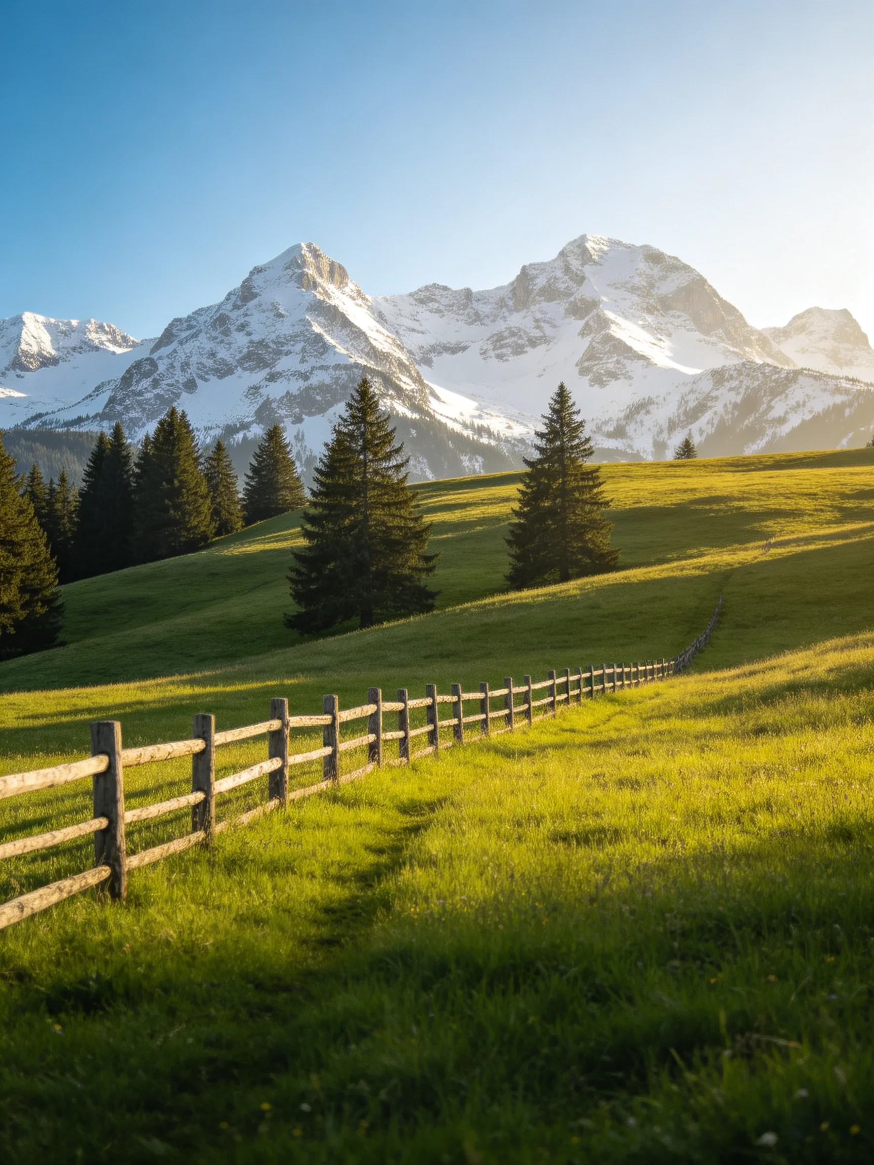 Snow - capped mountains overlook a lush green meadow with a wooden fence