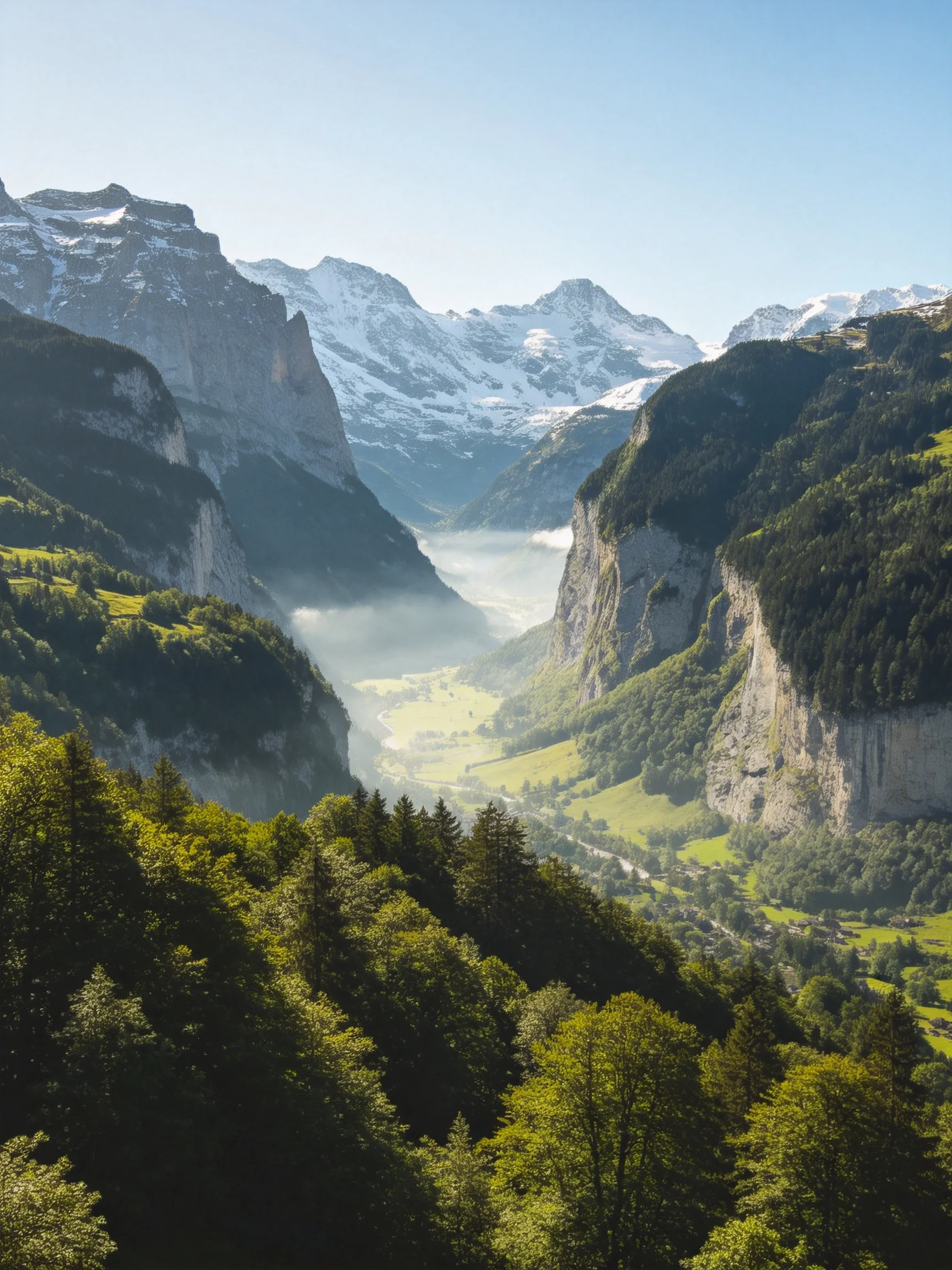Snow - capped mountains overlook lush green valleys with dense forests