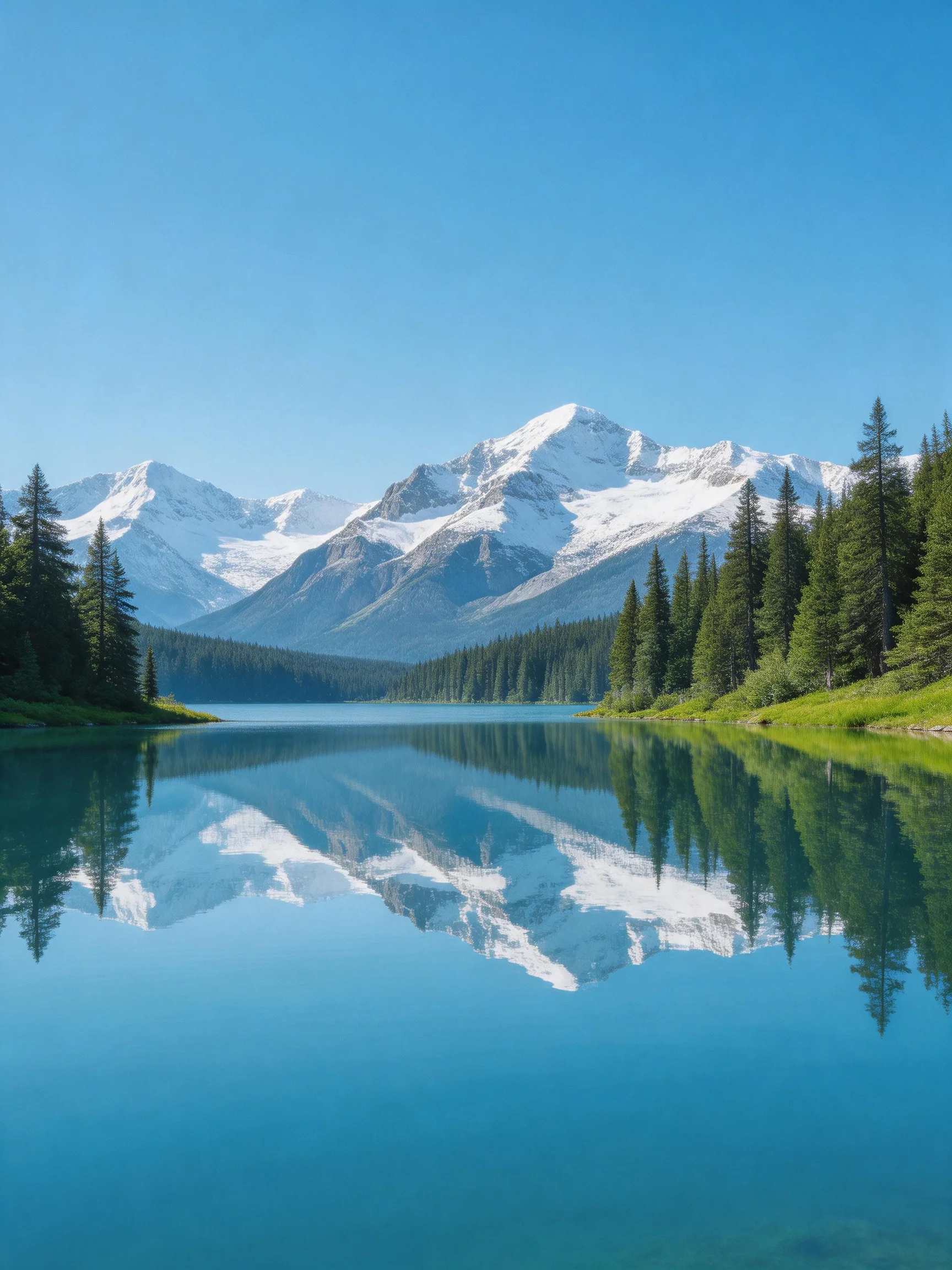 Snow - capped mountains reflect in a calm turquoise lake surrounded by evergreen trees