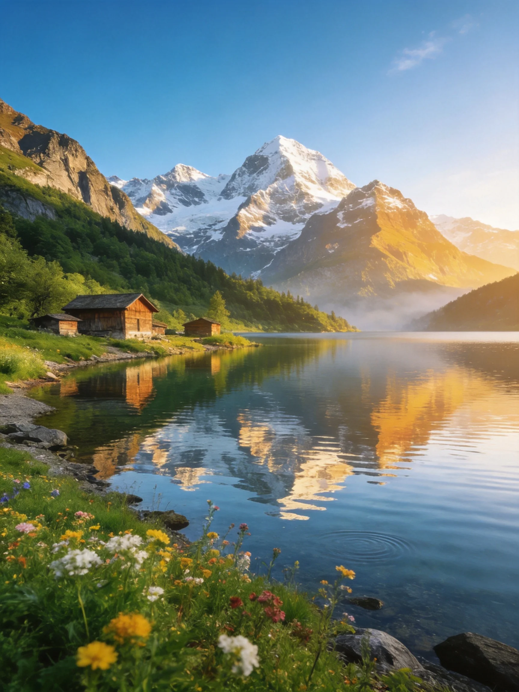 Snow - capped mountains reflect in a serene alpine lake near wooden cabins