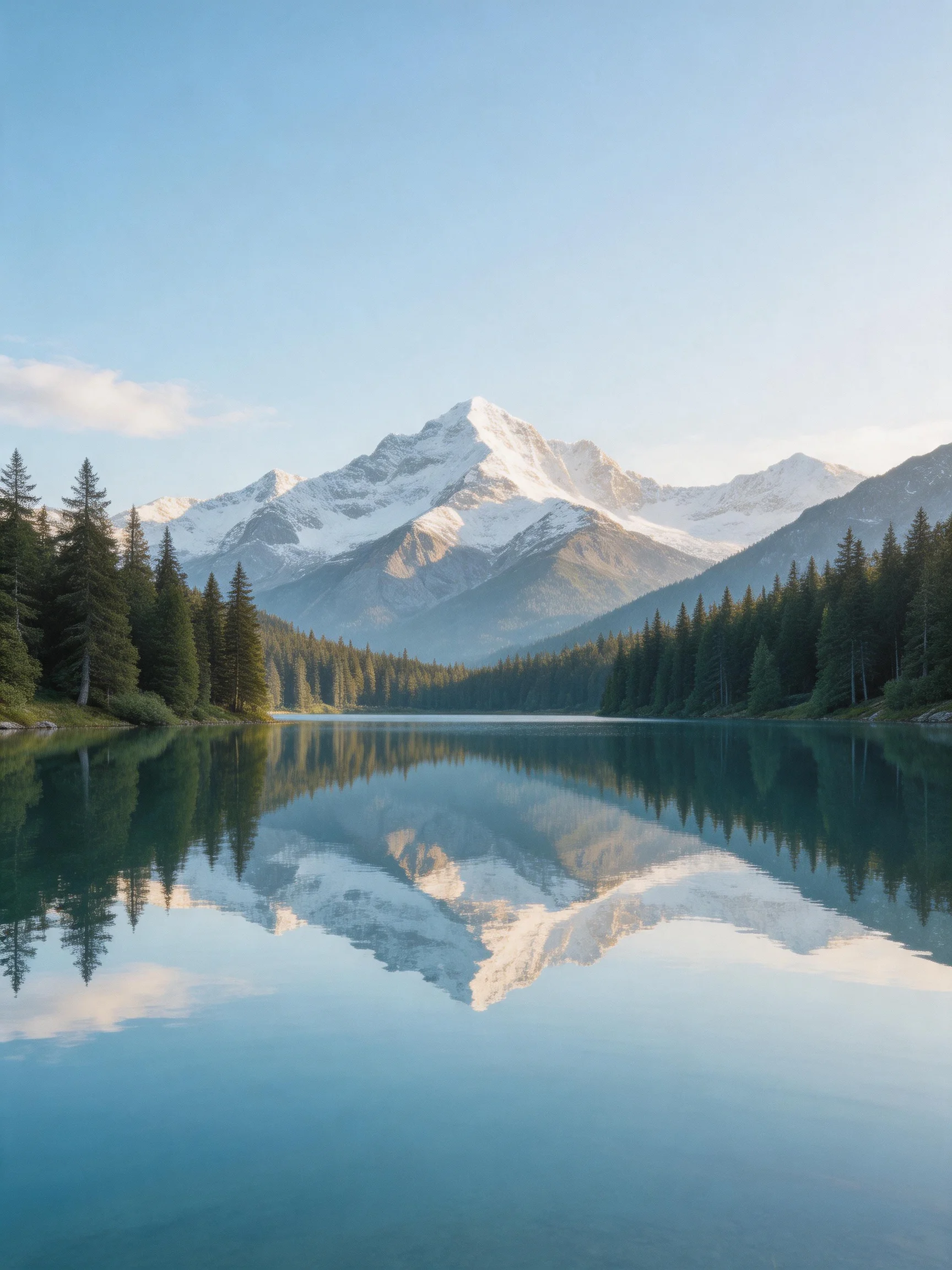 Snow - capped mountains reflected in a calm lake with evergreen forests