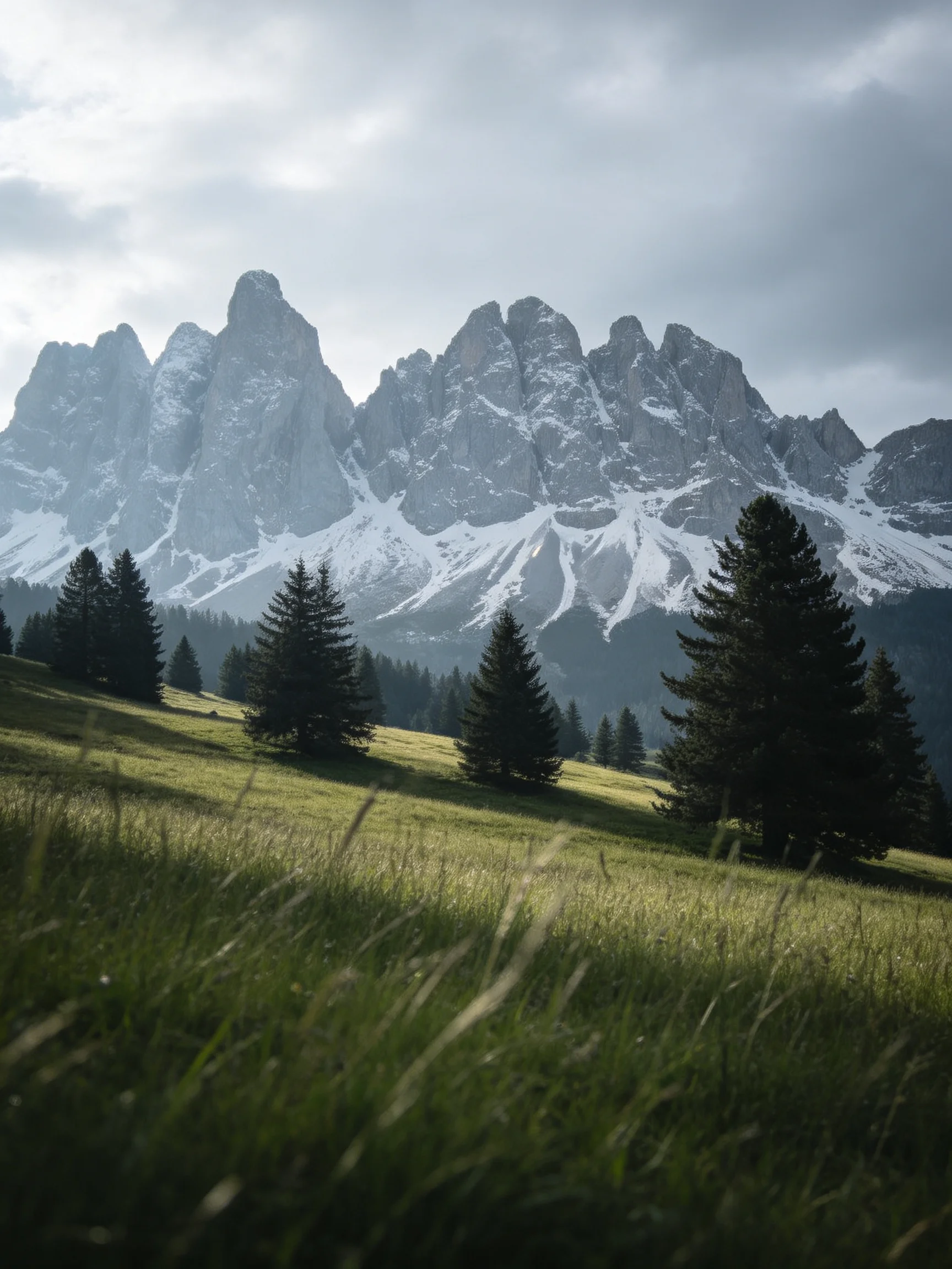 Snow - capped mountains tower over a lush green meadow with dark pine trees