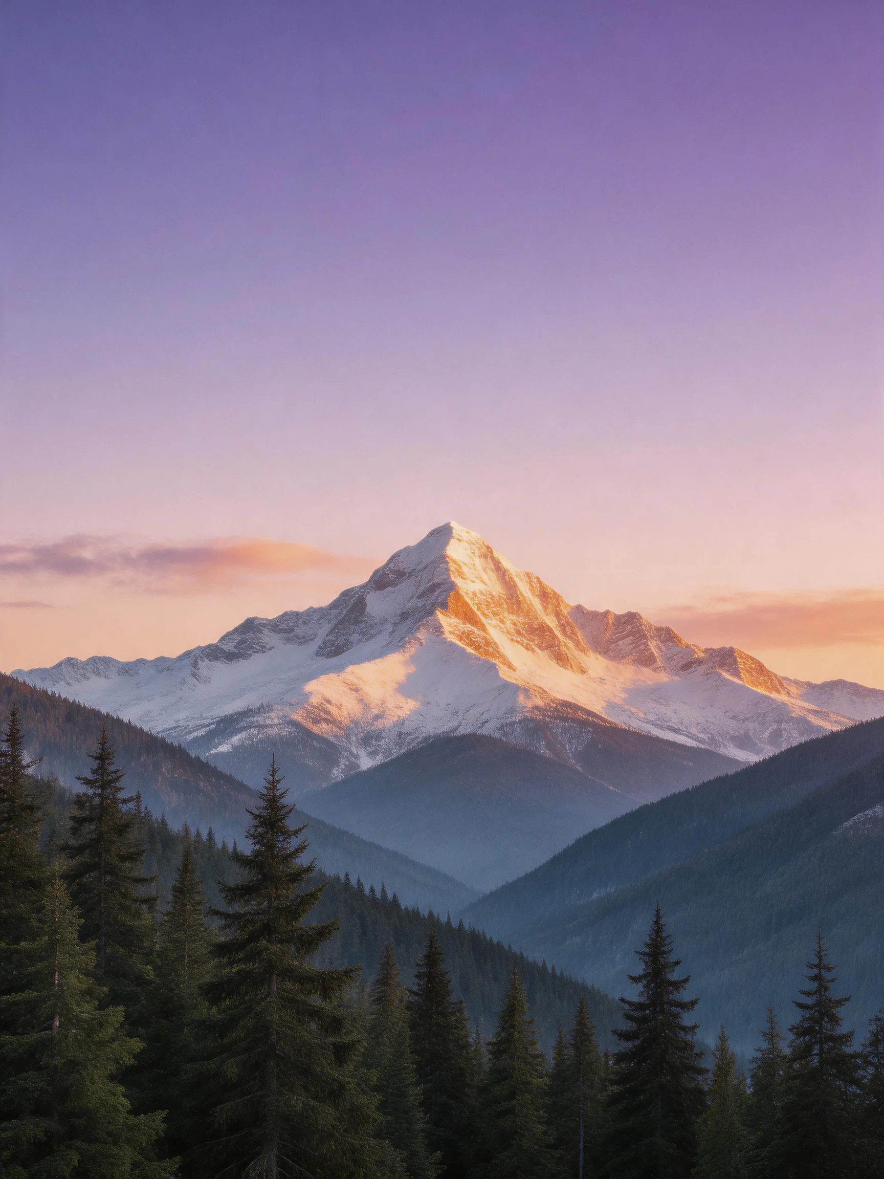 Snow - capped peak glows under twilight skies near dense evergreen forests