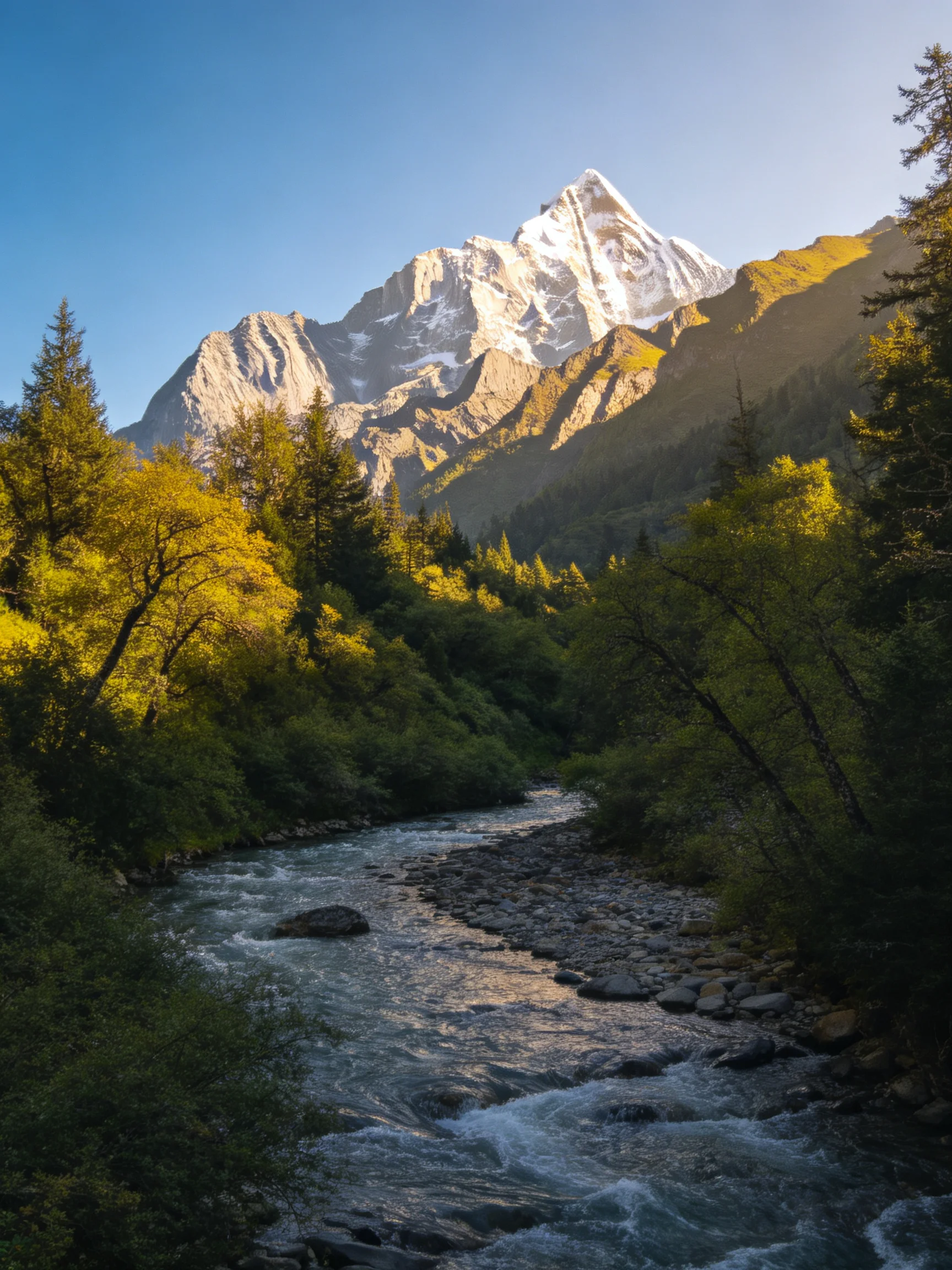 Snow - capped peak overlooks a rocky stream with lush greenery