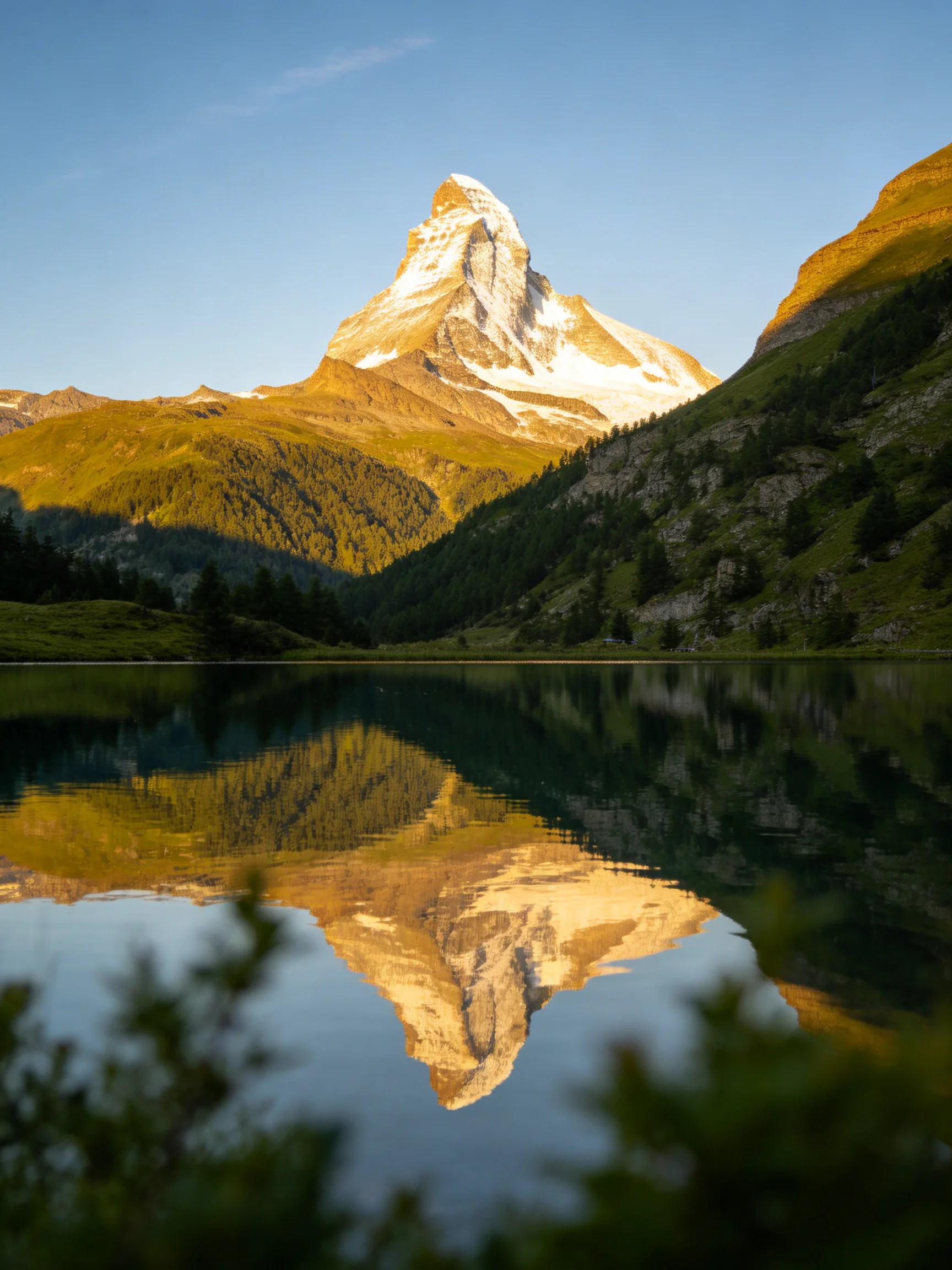 Snow - capped peak reflects in alpine lake under clear sky