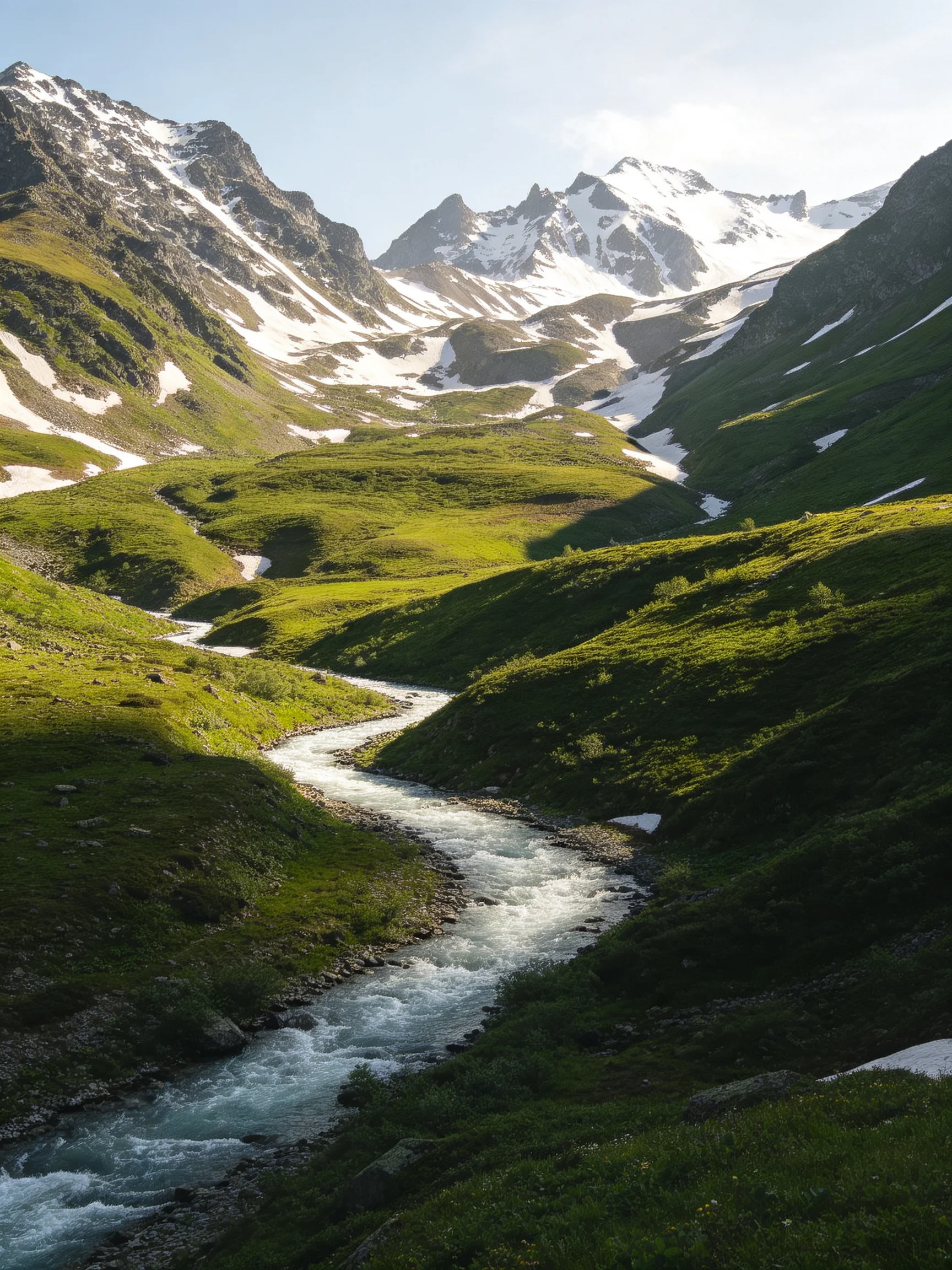 Snow - capped peaks frame lush green valleys with a winding mountain stream