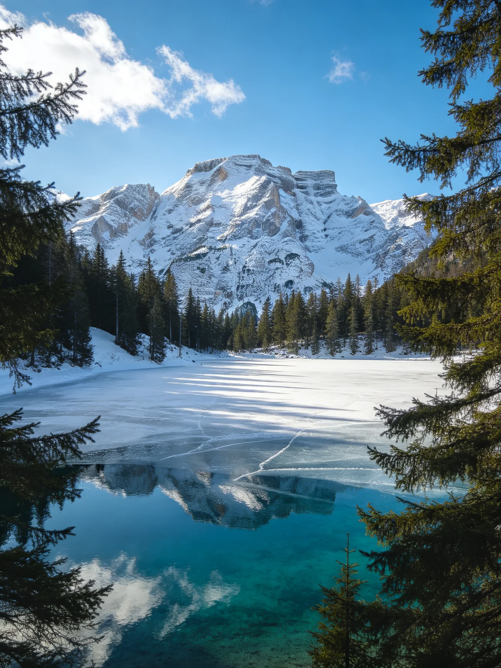 Snow - capped peaks reflecting in turquoise frozen lake