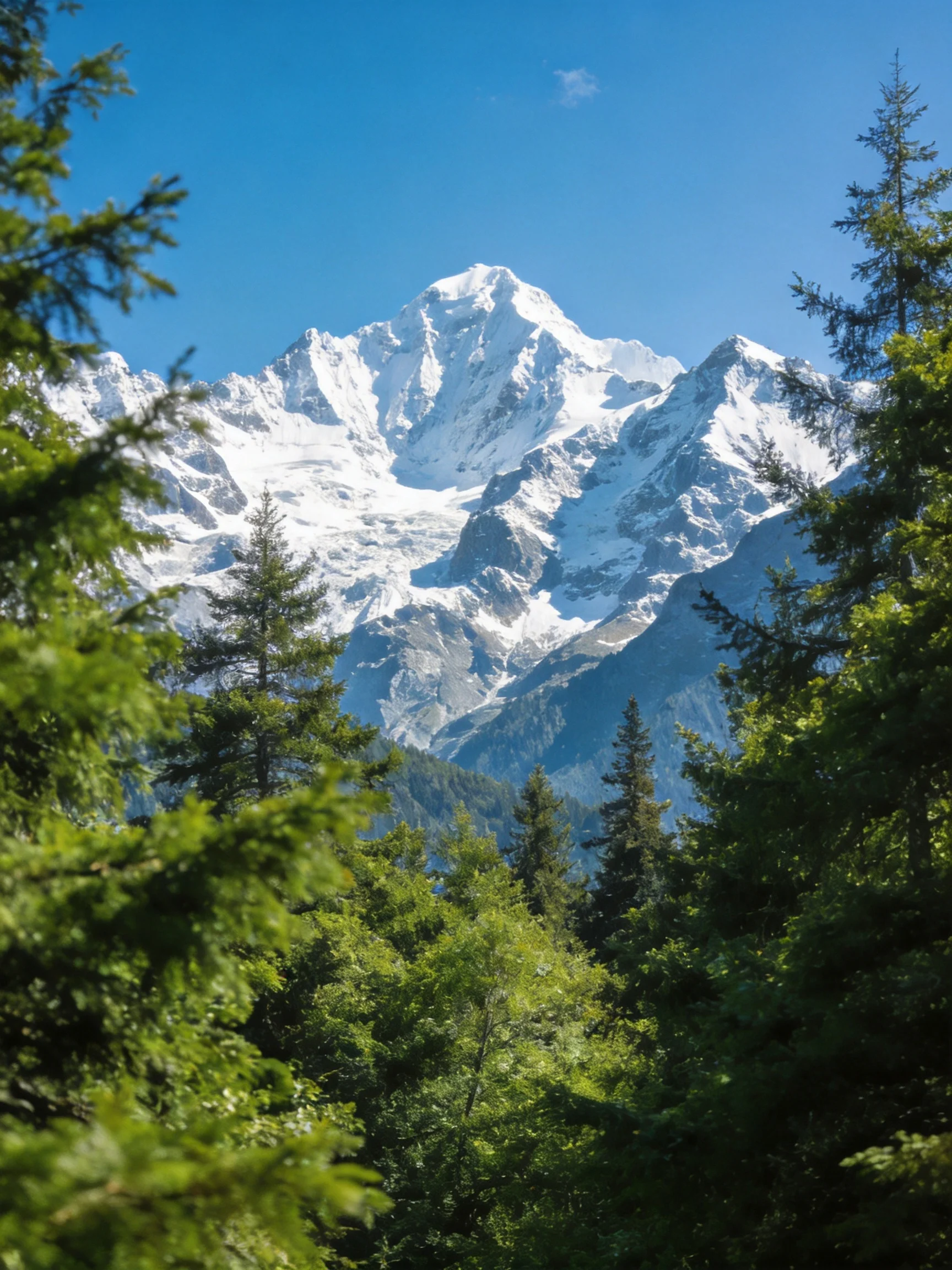 Snow - capped peaks rise behind dense green forests under bright blue sky