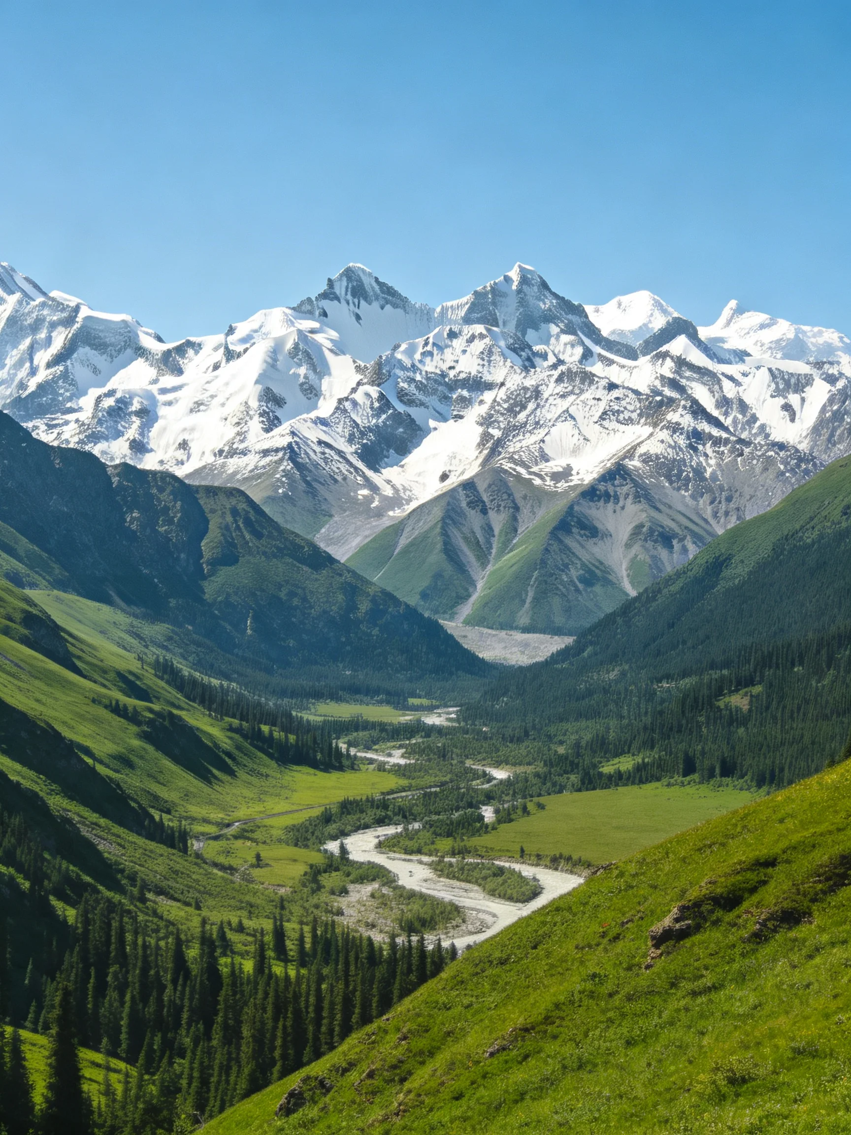 Snow - capped peaks tower over lush green valleys with winding rivers