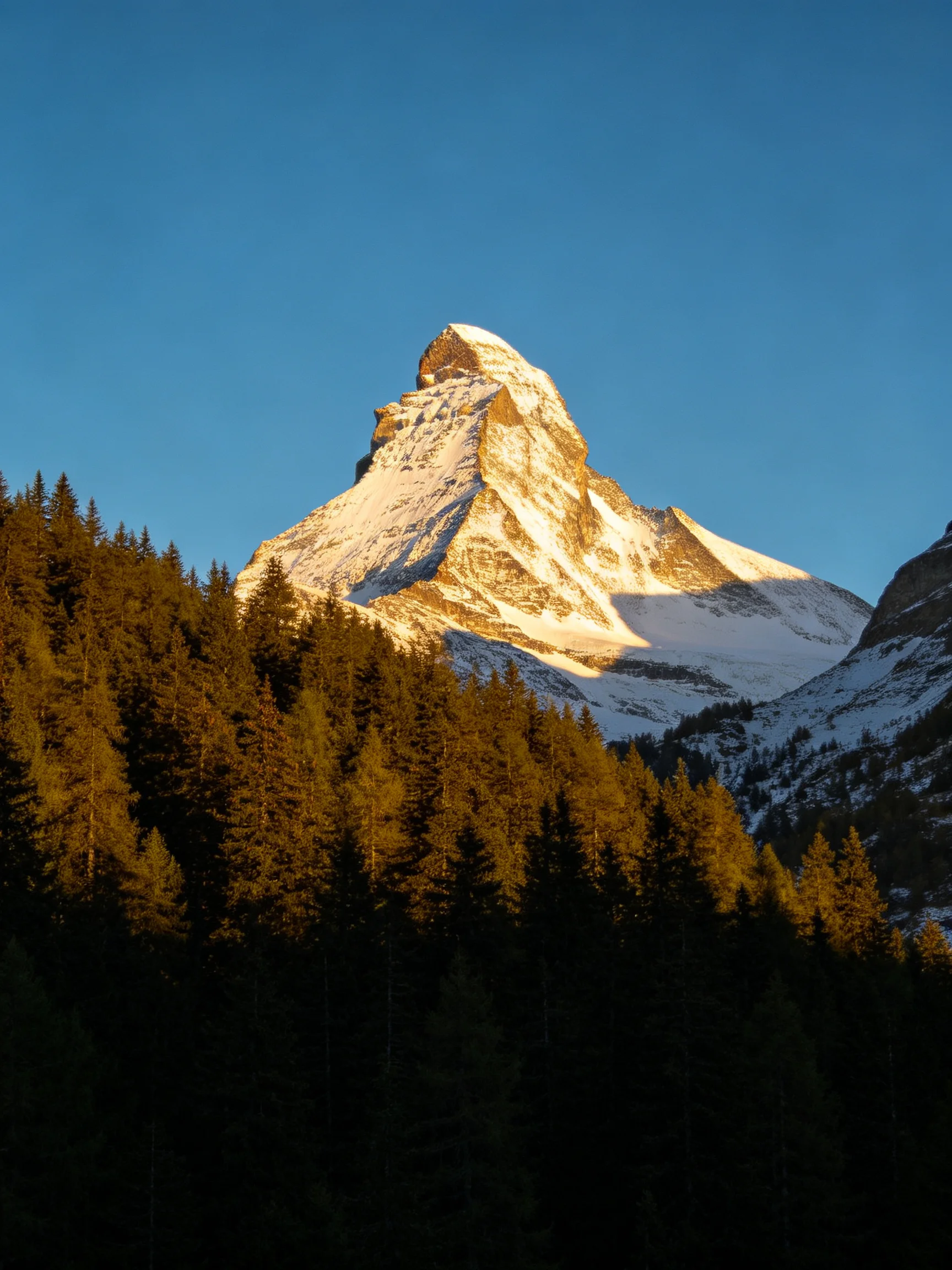 Snow - covered Matterhorn peak rises above golden forest under clear blue sky