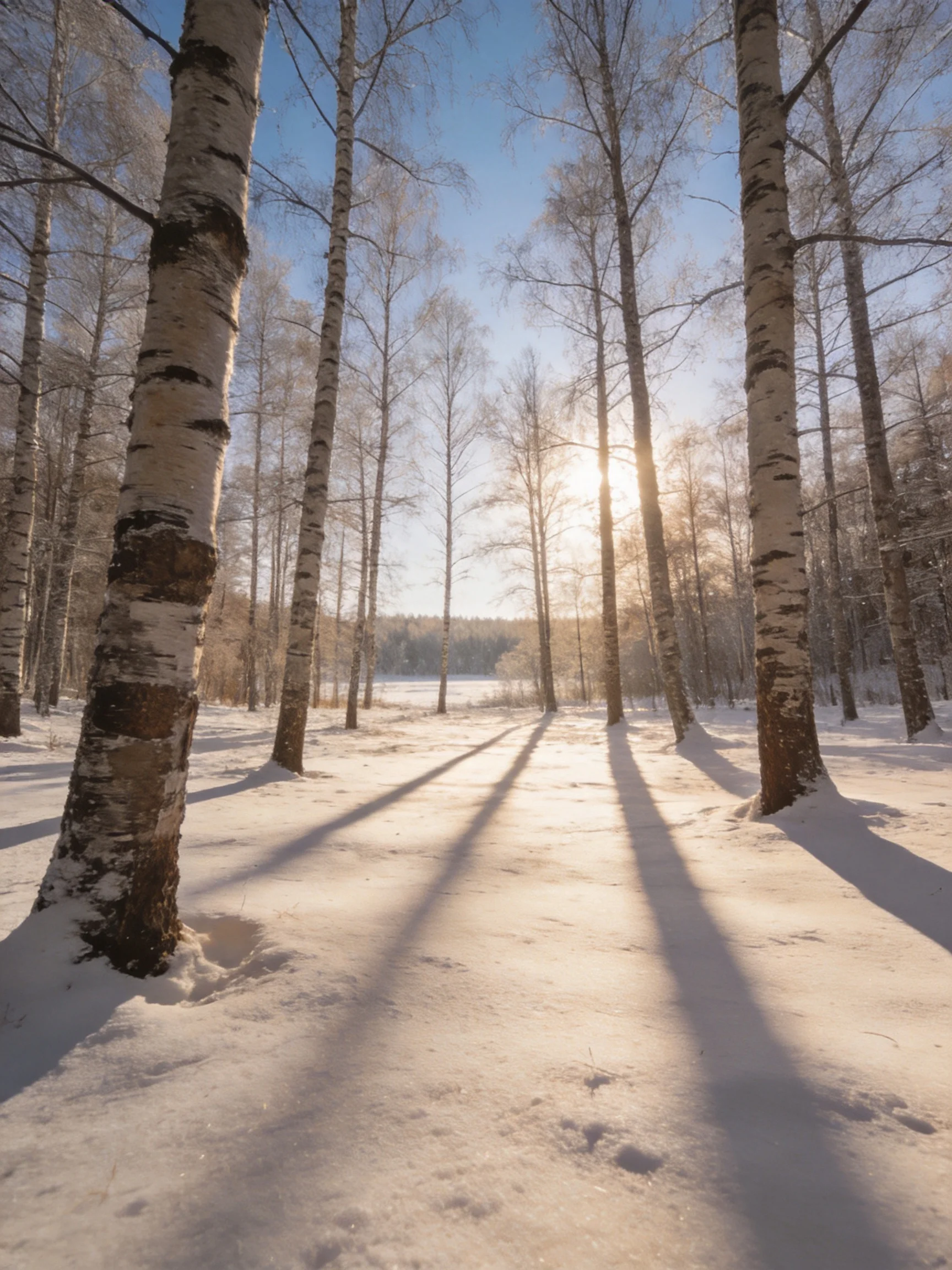 Snow - covered birch forest bathed in golden sunlight