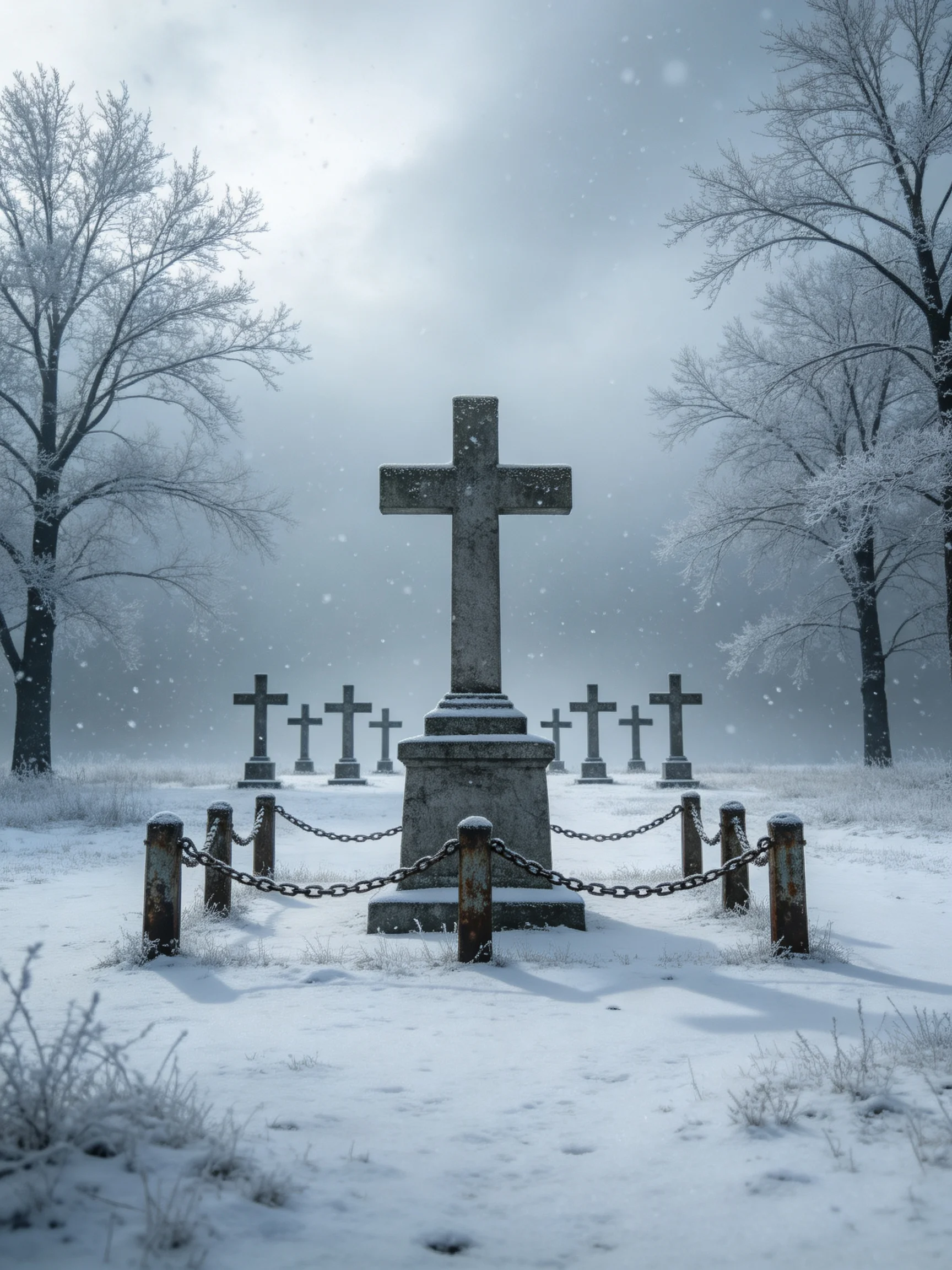 Snow - covered cemetery with stone crosses and frosty trees