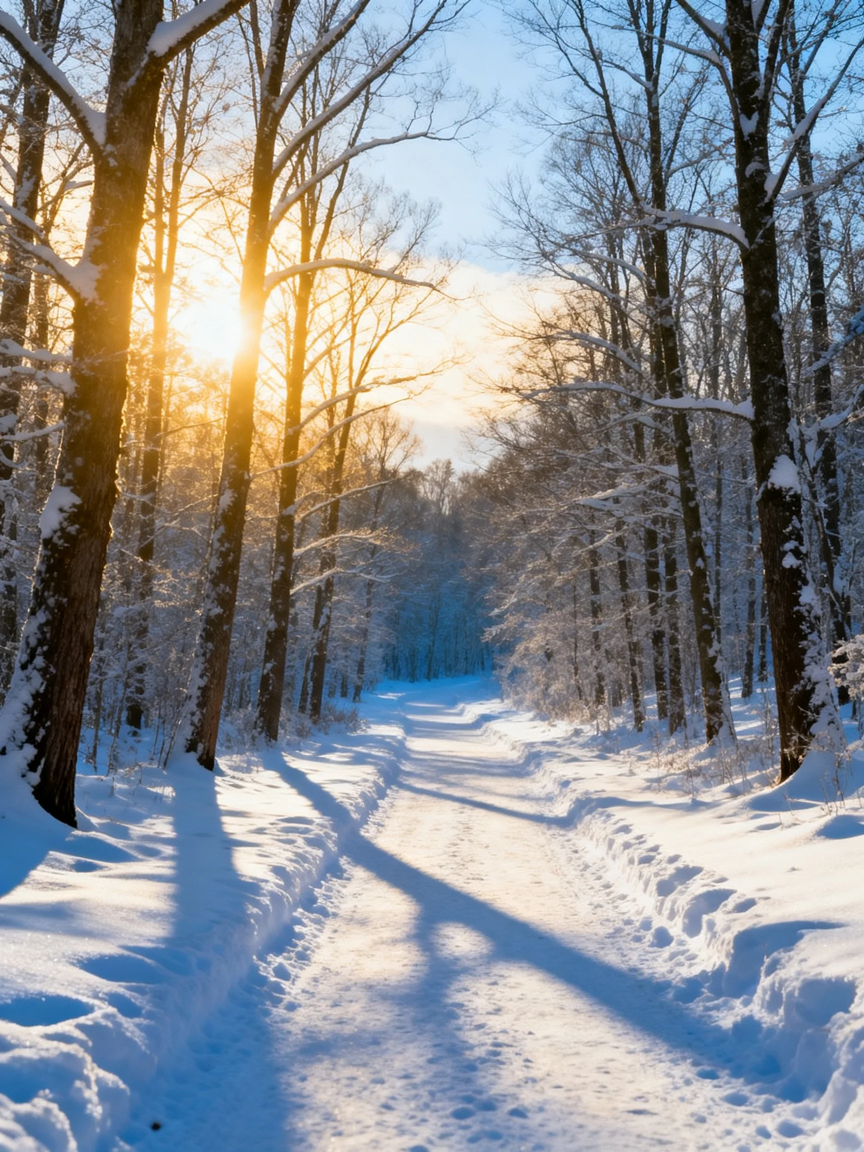 Snow - covered forest path illuminated by golden sunlight filtering through snow - laden trees