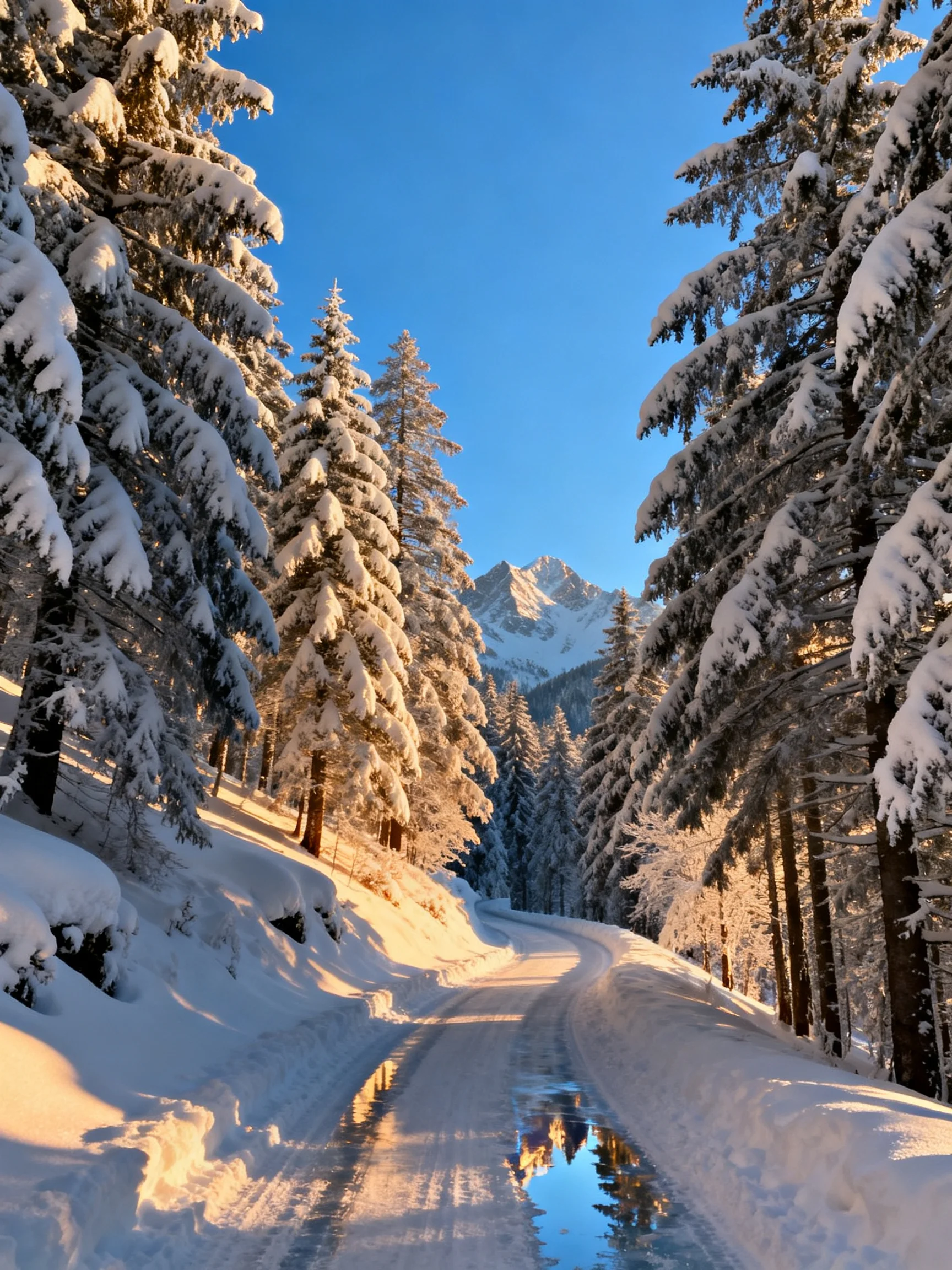 Snow - covered forest path with towering pine trees and distant mountain peak