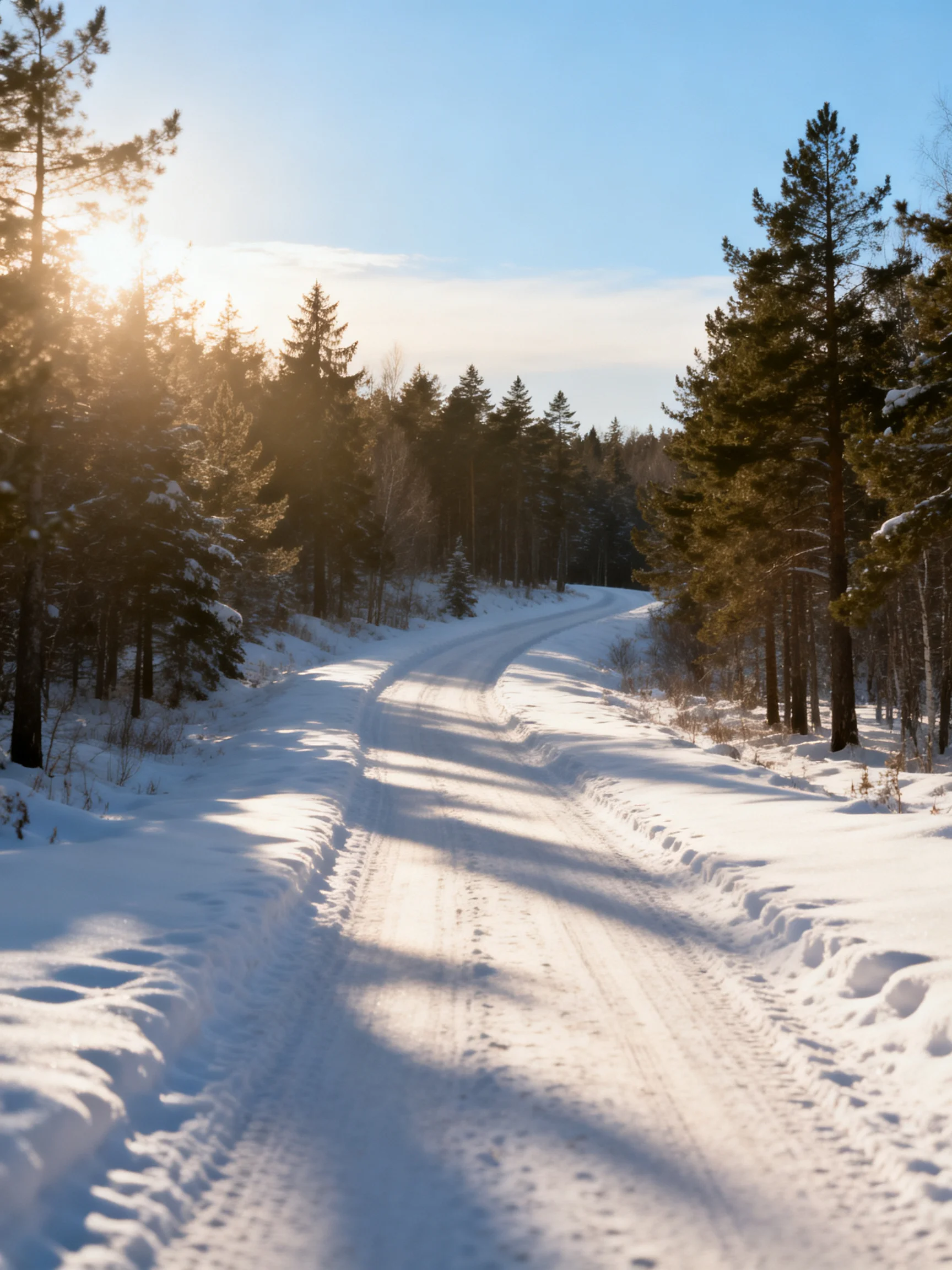 Snow - covered forest road winding through tall evergreen trees under bright sunlight