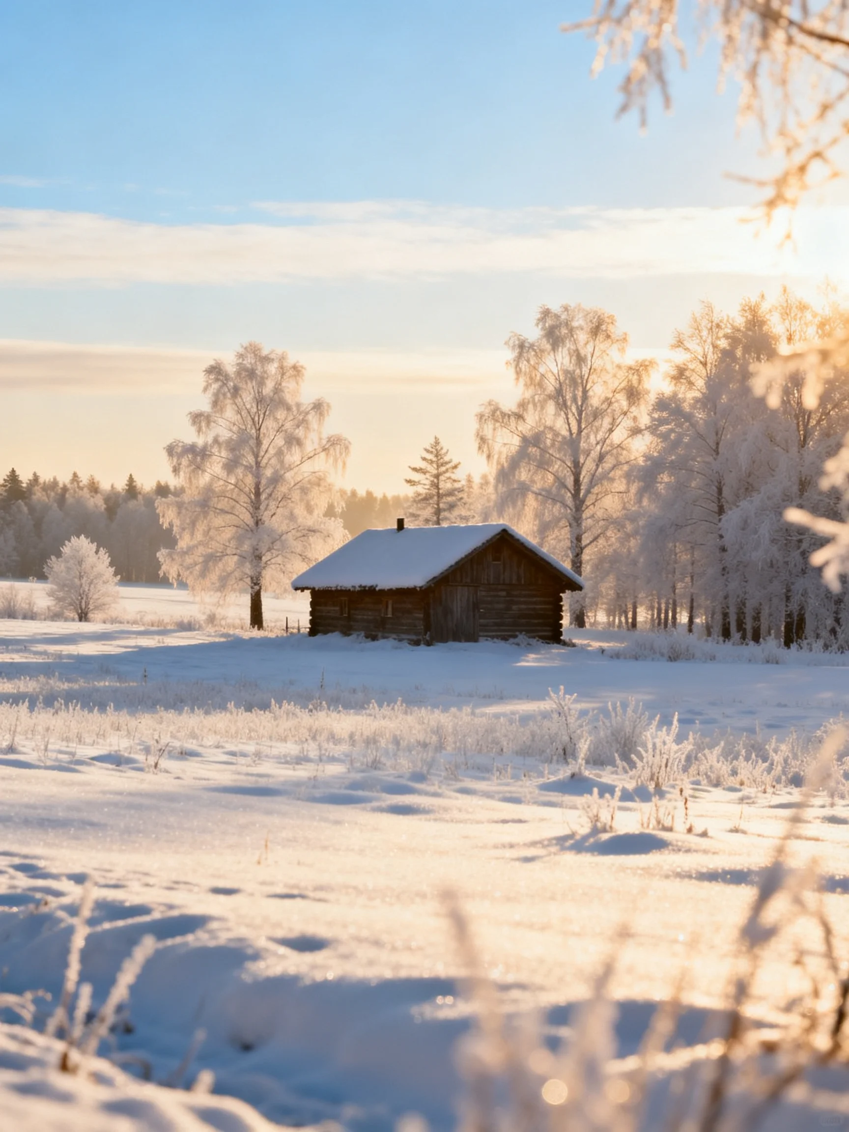 Snow - covered log cabin amid frosty birches under golden sunlight