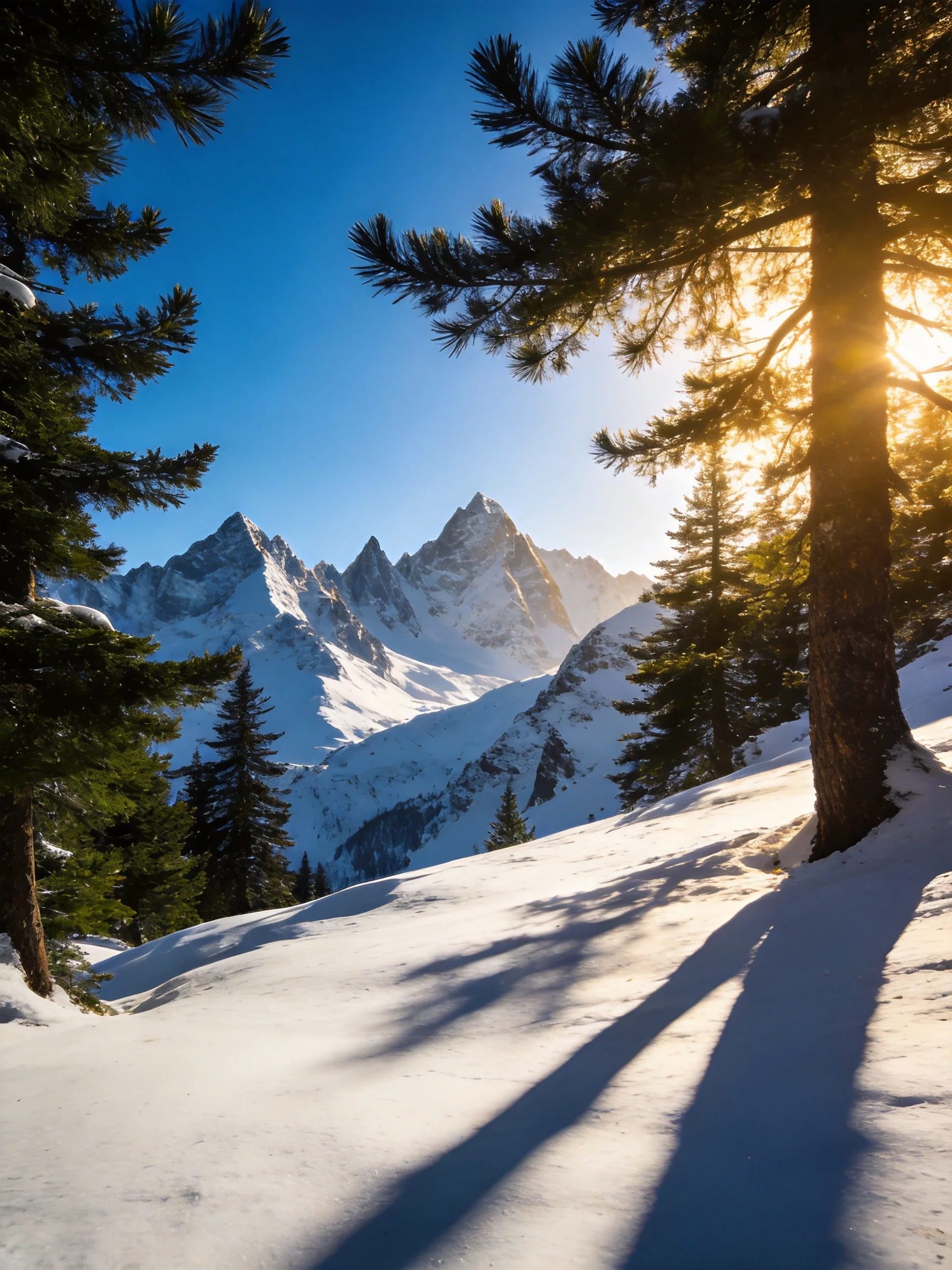 Snow - covered mountain peaks framed by evergreen trees under golden sunlight