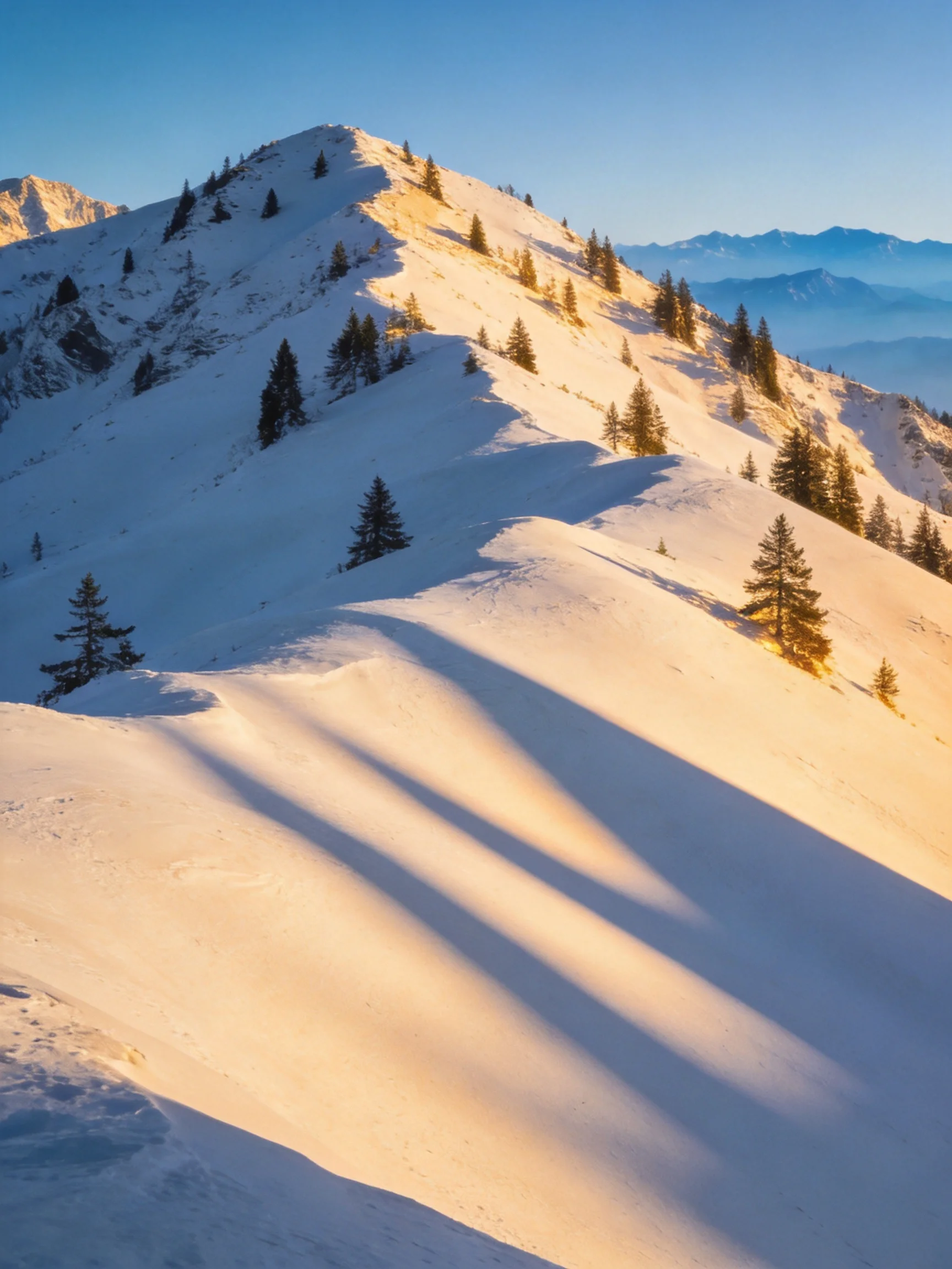 Snow - covered mountain ridge with scattered pine trees under golden sunlight