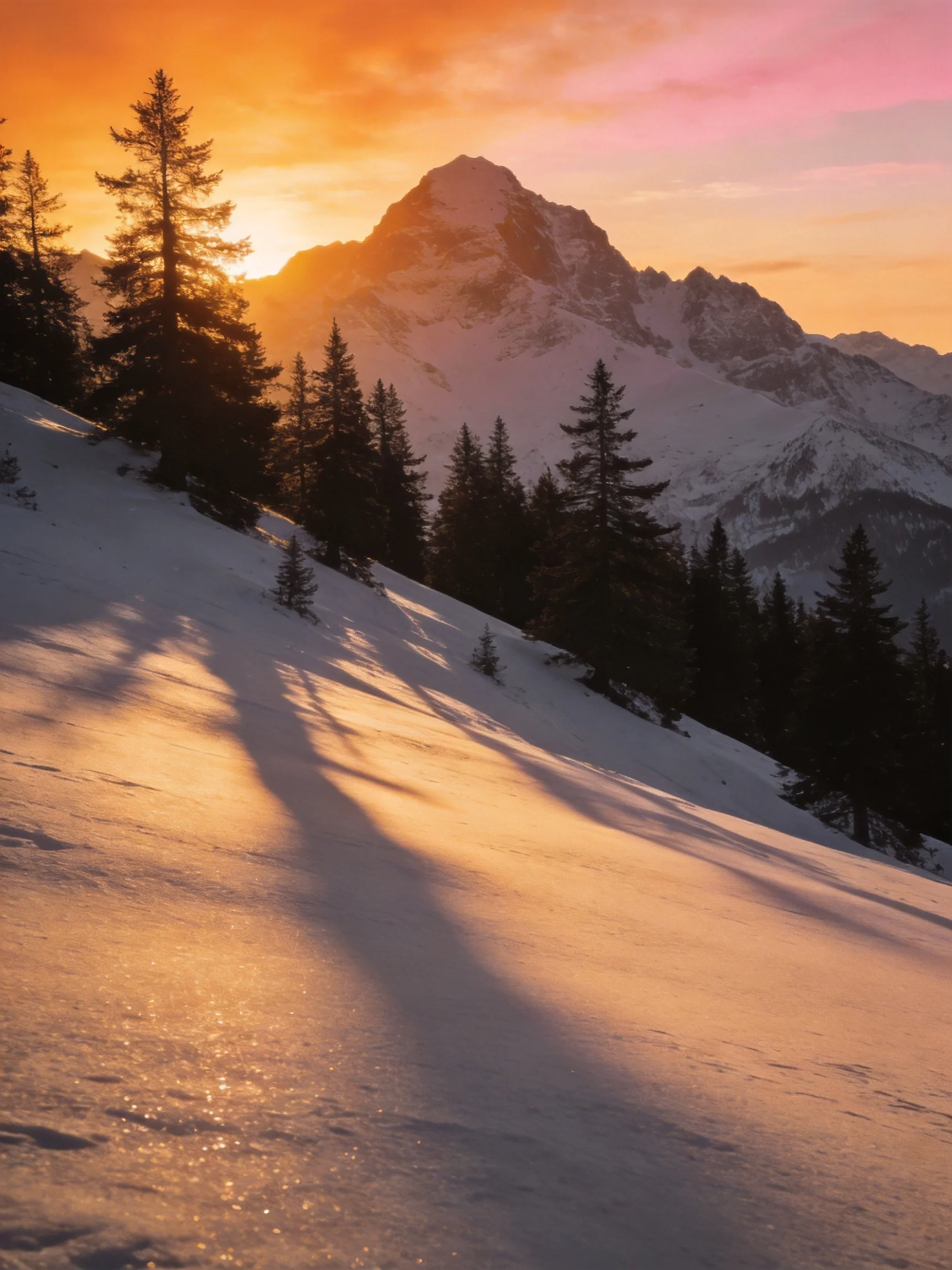 Snow - covered mountain slope with pine trees under vibrant sunset sky