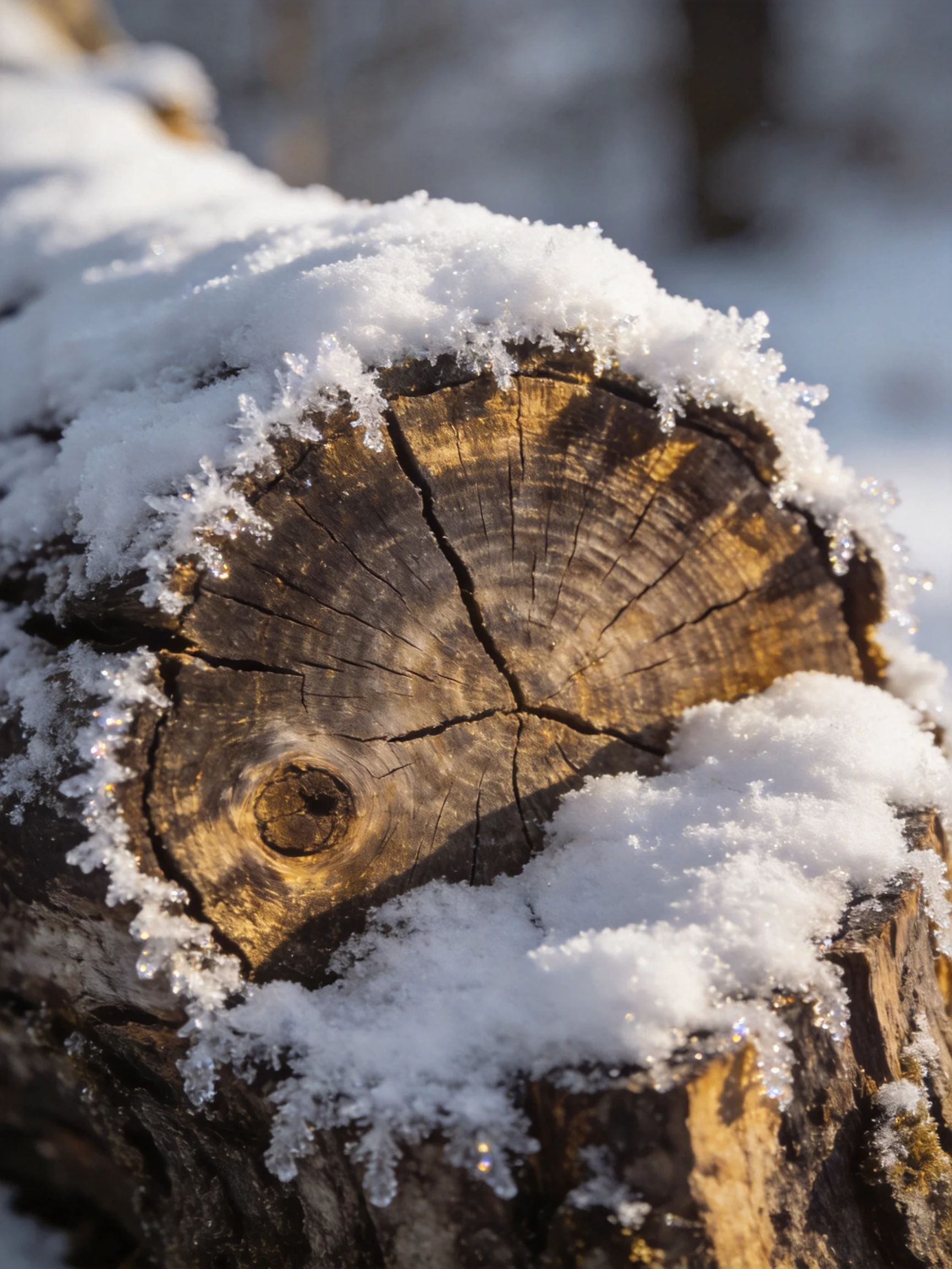 Snow - covered tree stump with golden - brown growth rings