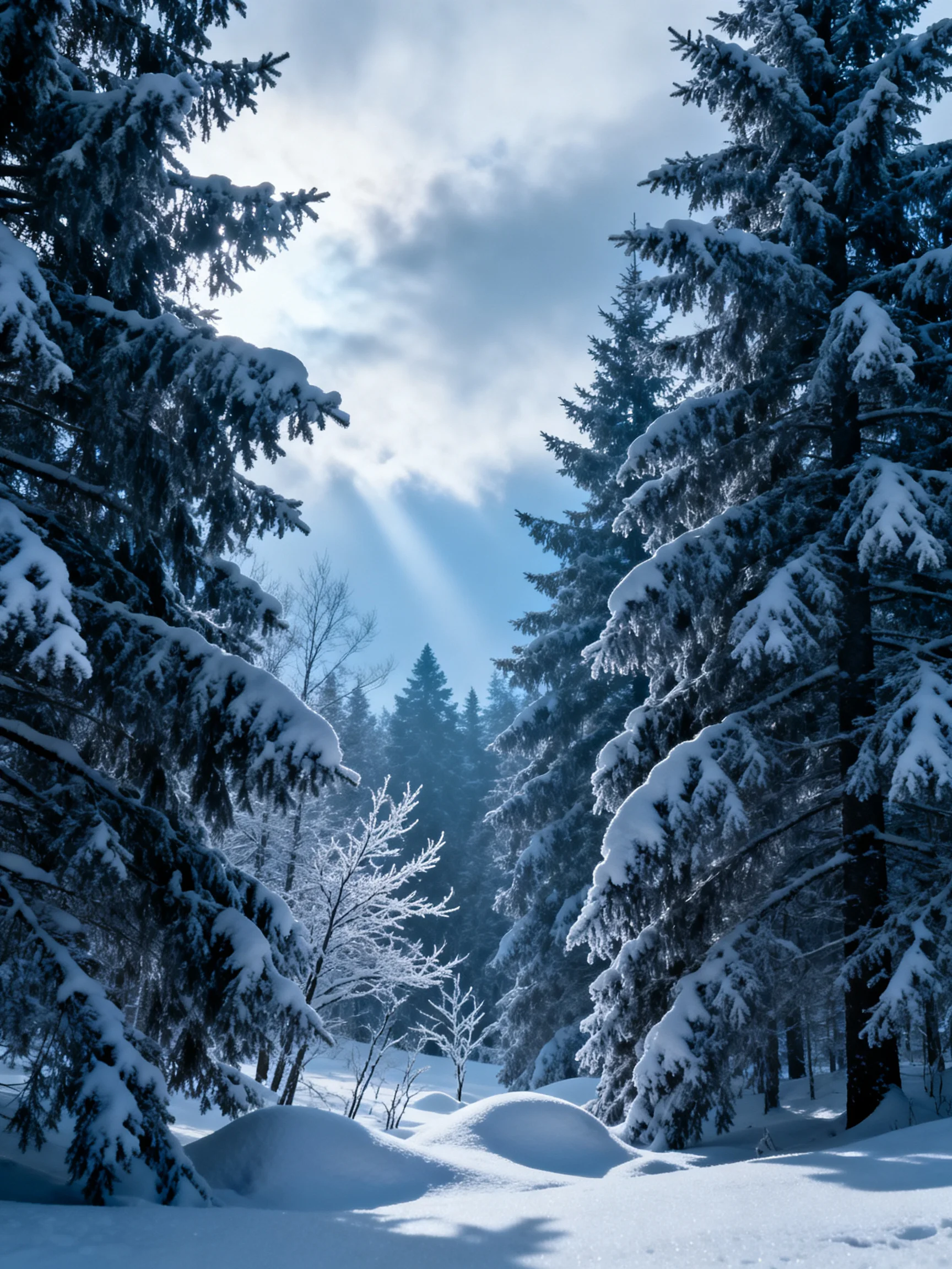 Snow - draped evergreen forest with sun rays piercing clouds