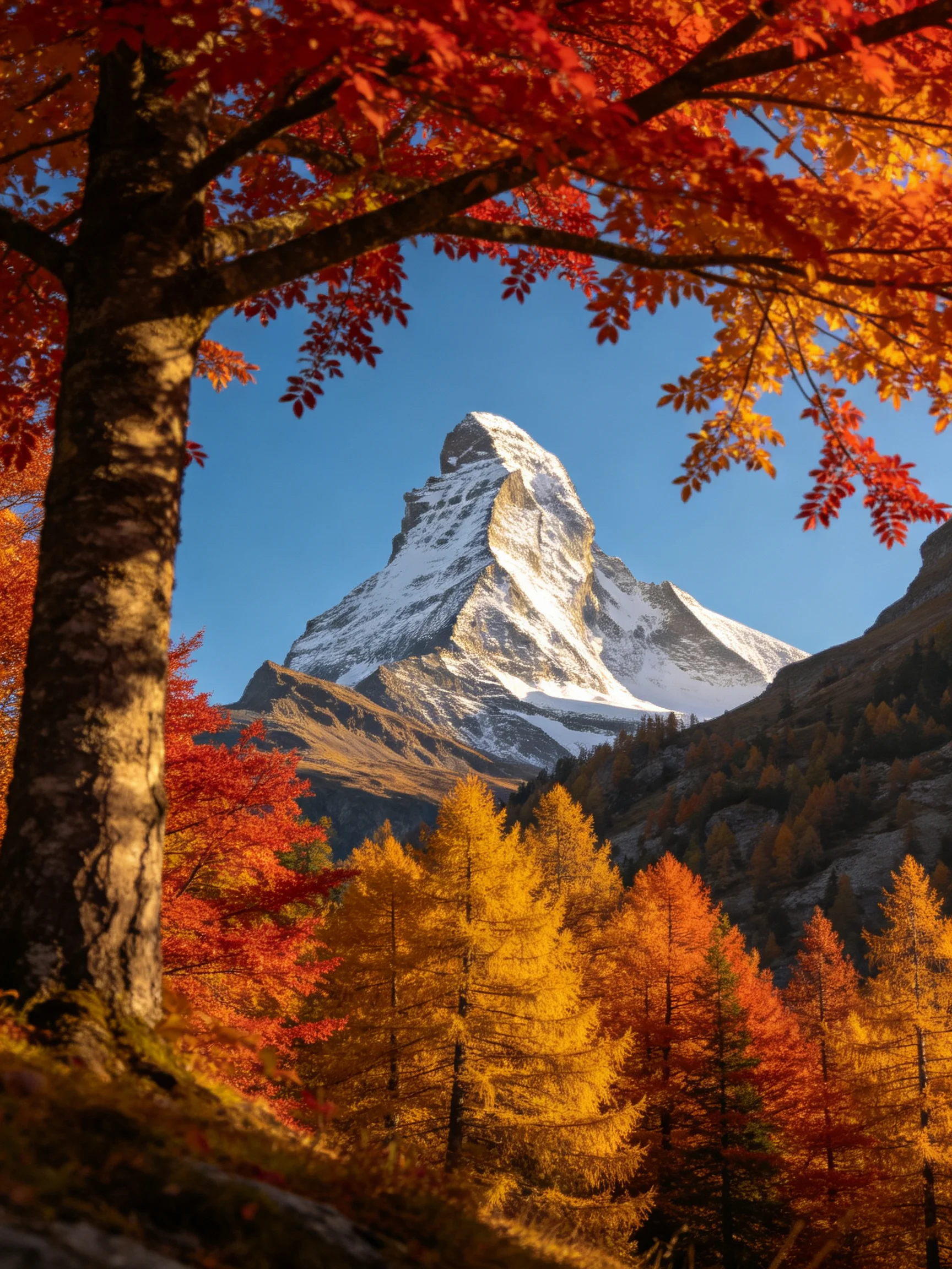 Snow-Capped Matterhorn Framed by Vibrant Autumn Foliage