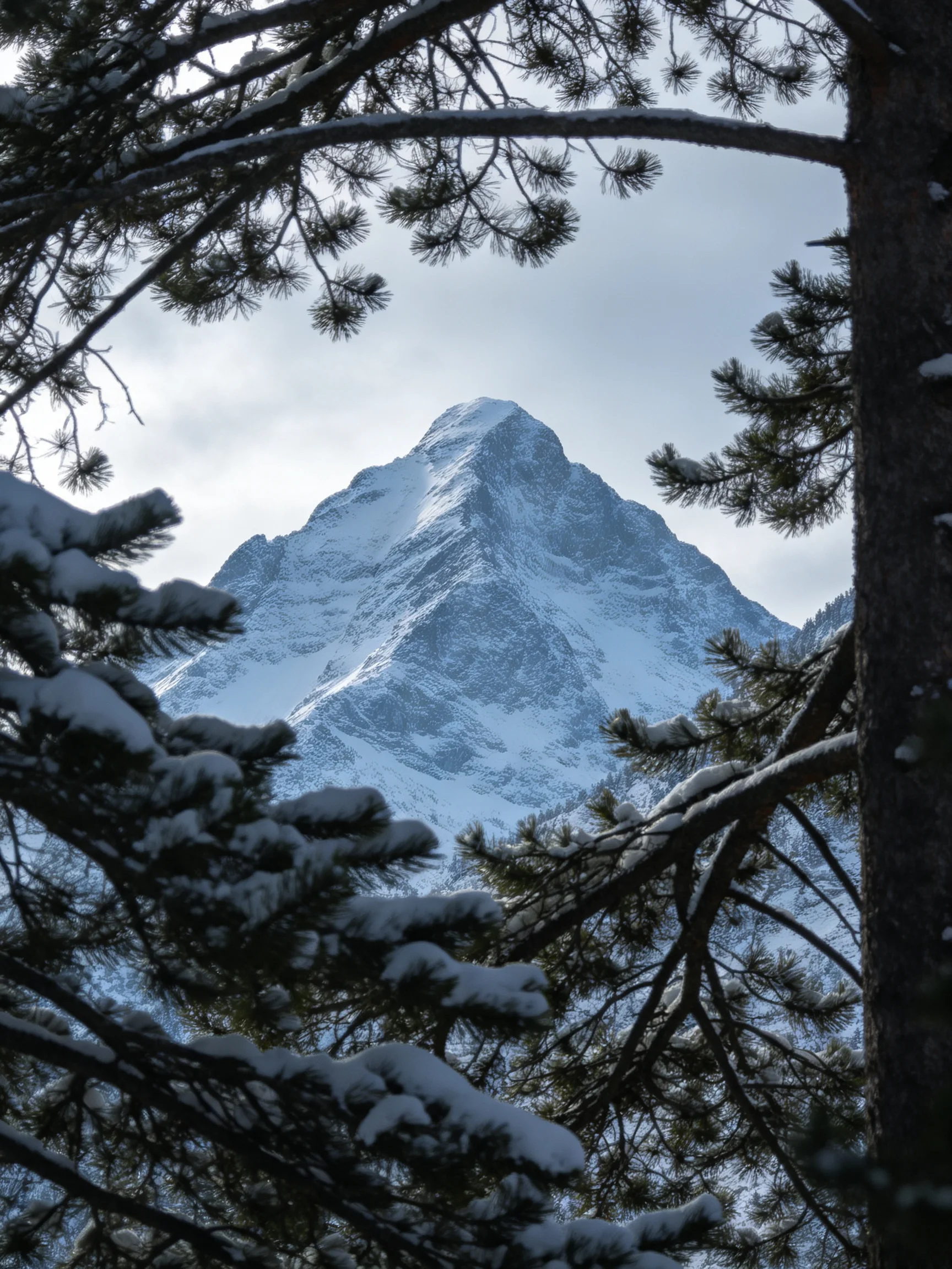 Snow-Capped Mountain Framed by Snow-Laden Pine Trees