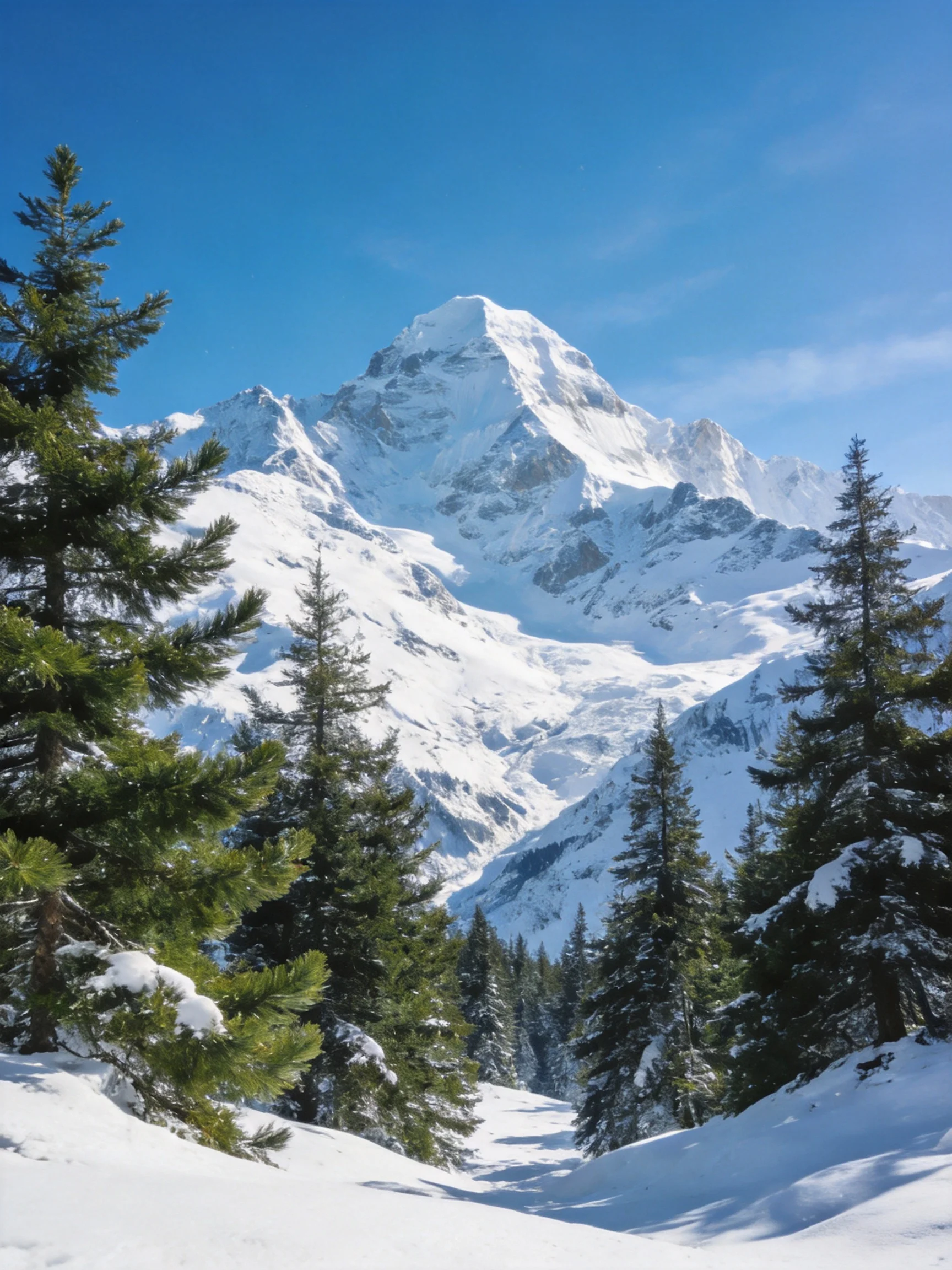 Snow-Capped Mountain Peak with Green Pine Trees Under Clear Blue Sky