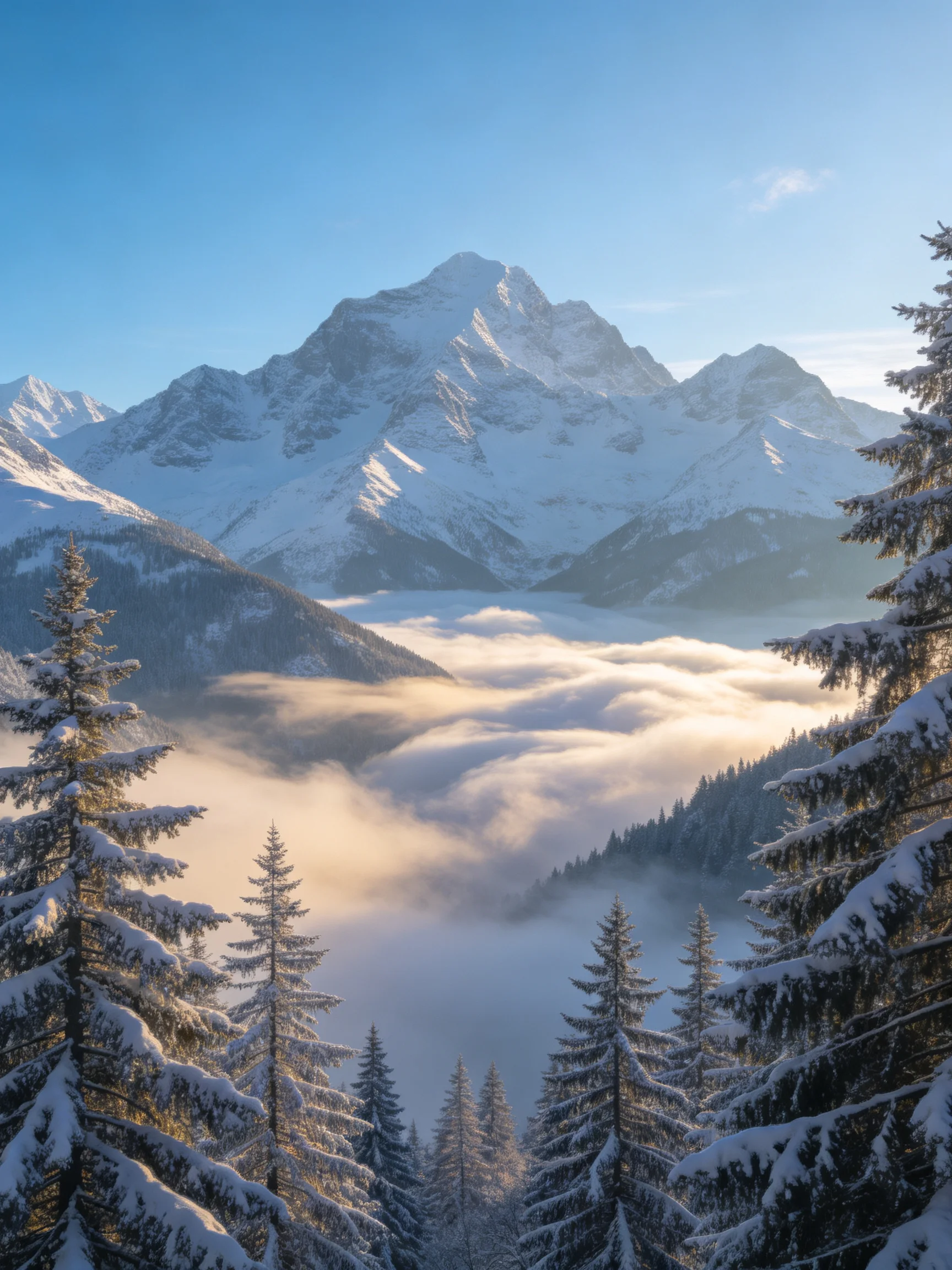 Snow-Capped Mountain Peaks Above Cloud-Laden Valley With Snowy Pine Forests