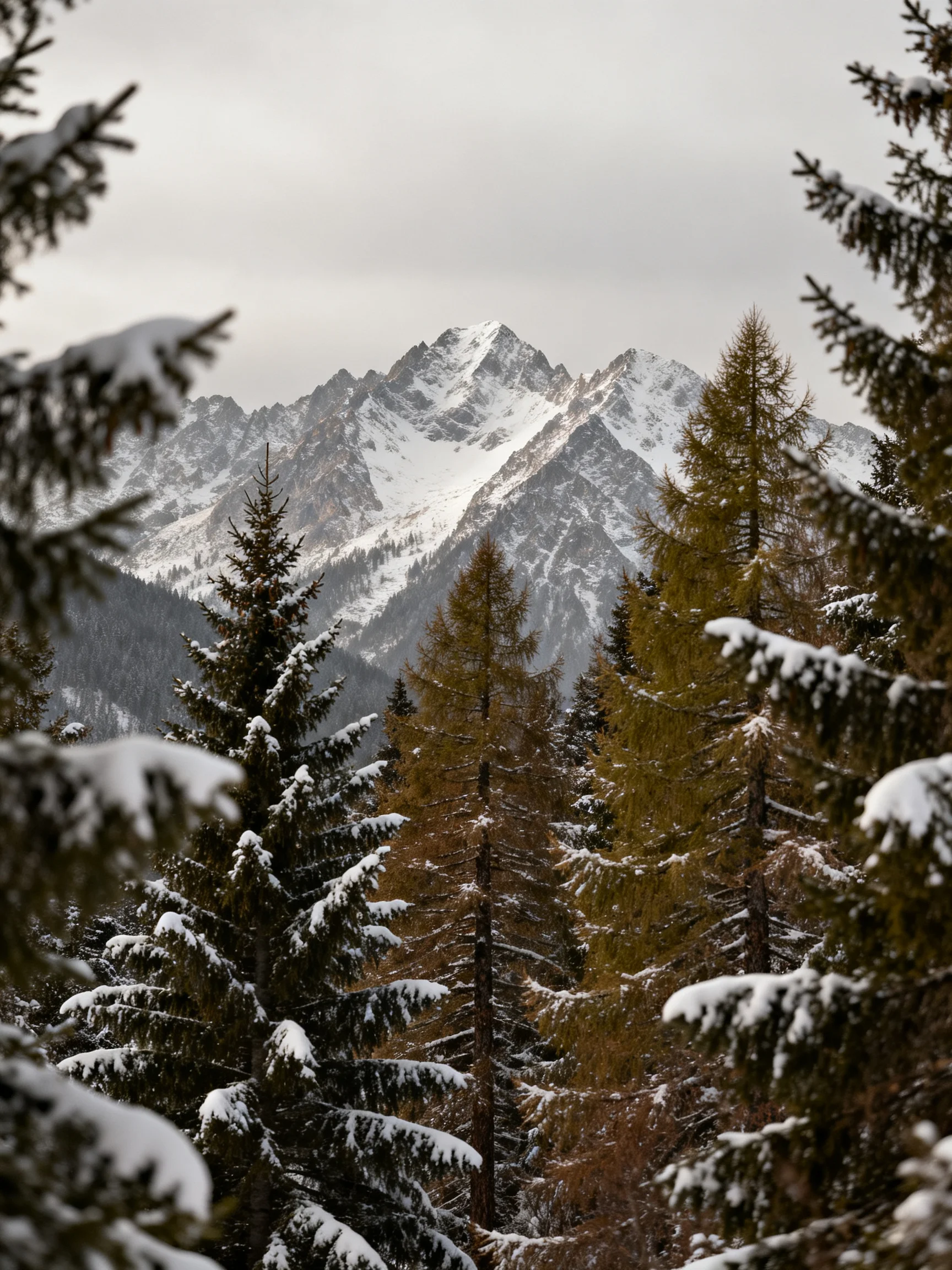 Snow-Capped Mountain Peaks Behind Snow-Laden Pine Trees