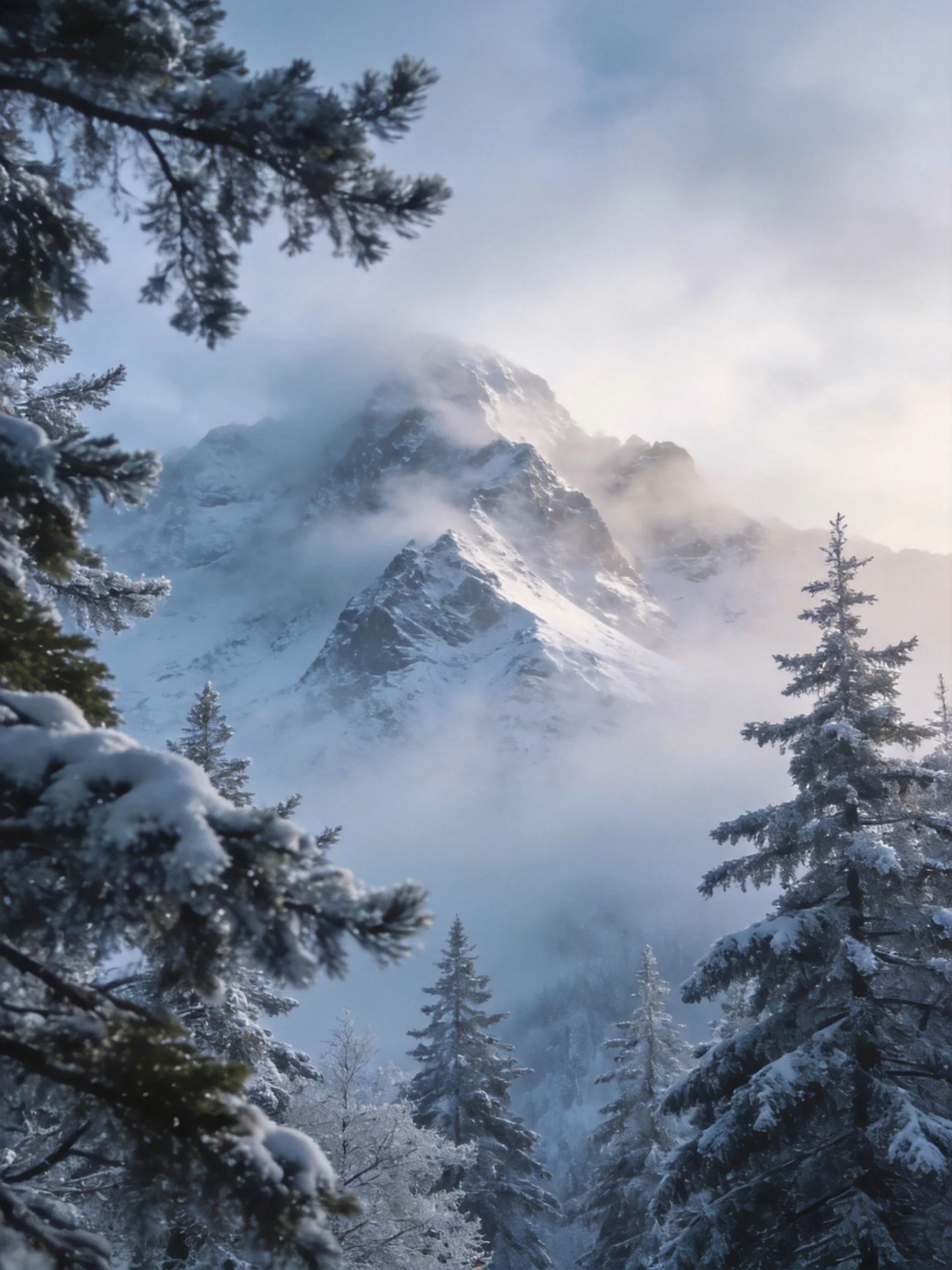 Snow-Capped Mountain Peaks Shrouded in Mist Among Snow-Laden Pine Trees