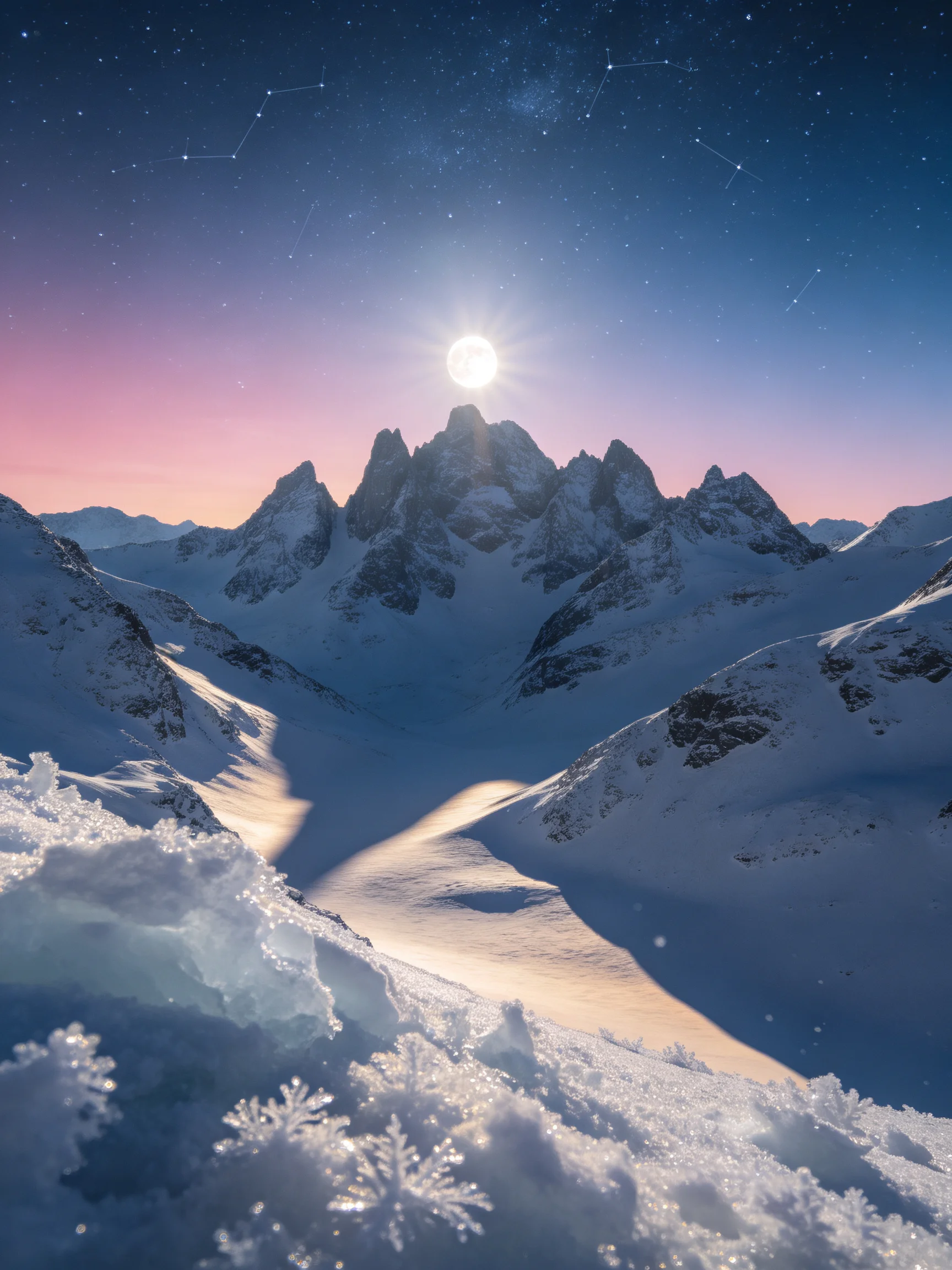 Snow-Capped Mountain Peaks Under Starry Night Sky with Moonlight