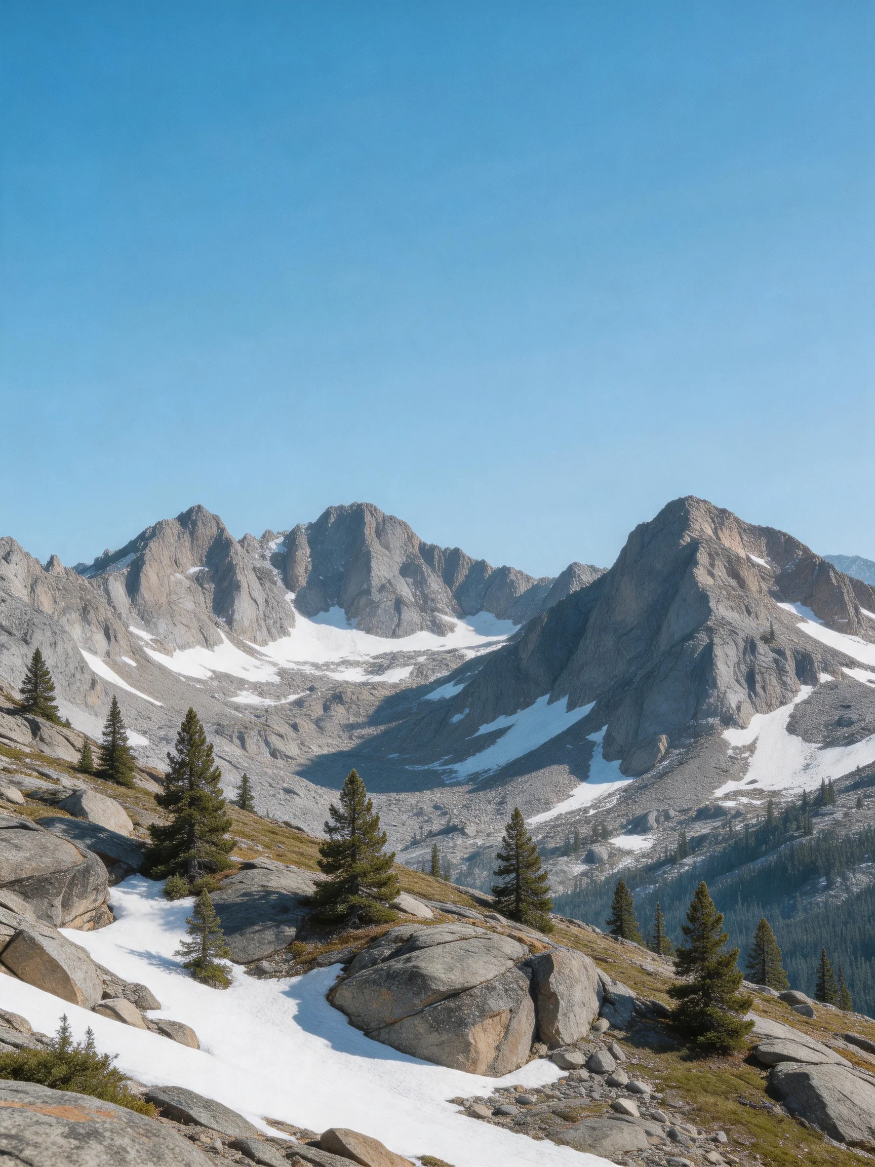 Snow-Capped Mountain Peaks with Scattered Pine Trees and Boulders