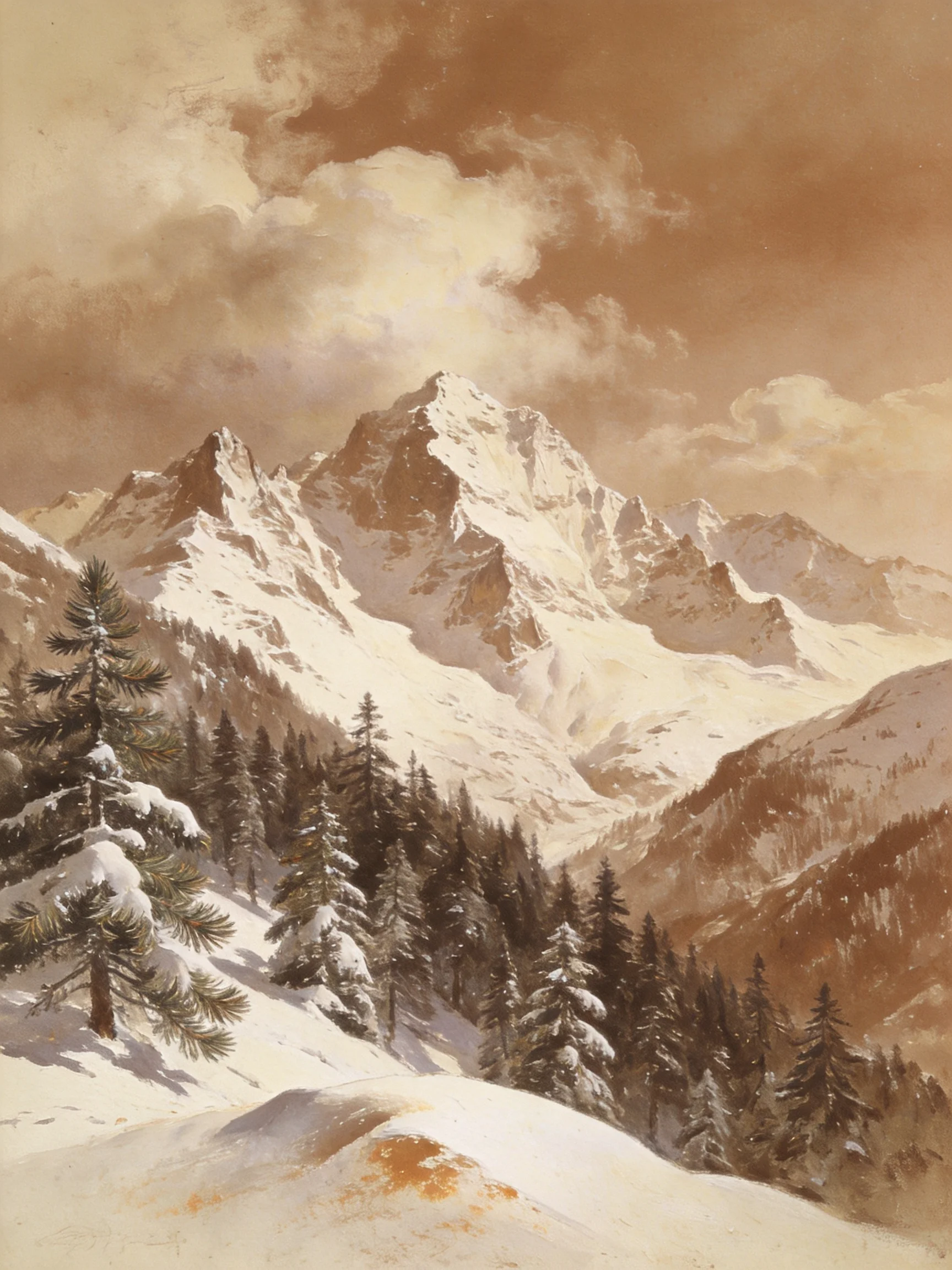 Snow-Capped Mountain Peaks with Snow-Laden Pine Trees