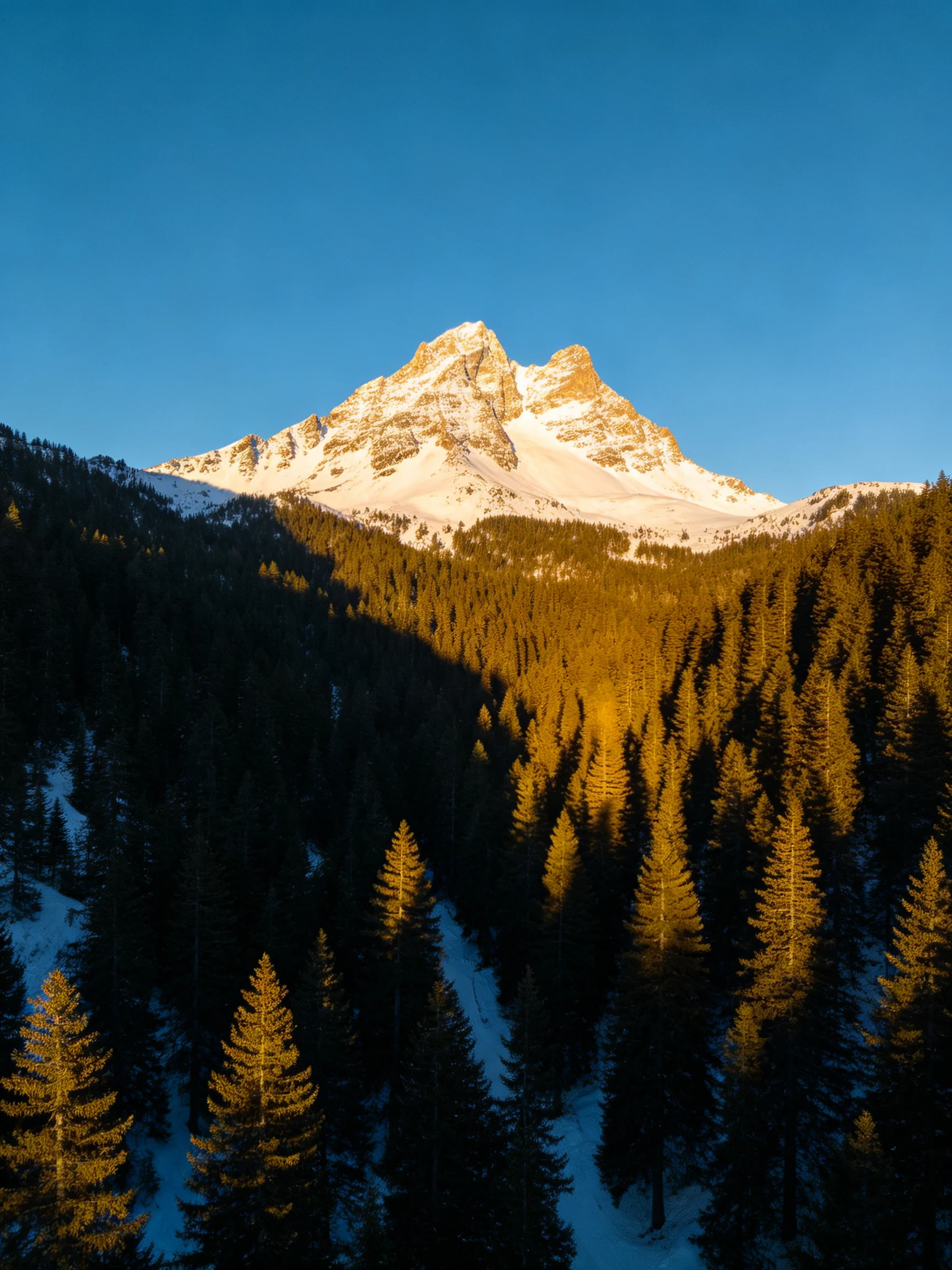Snow-Capped Mountain Rising Above Golden Forest Under Clear Blue Sky