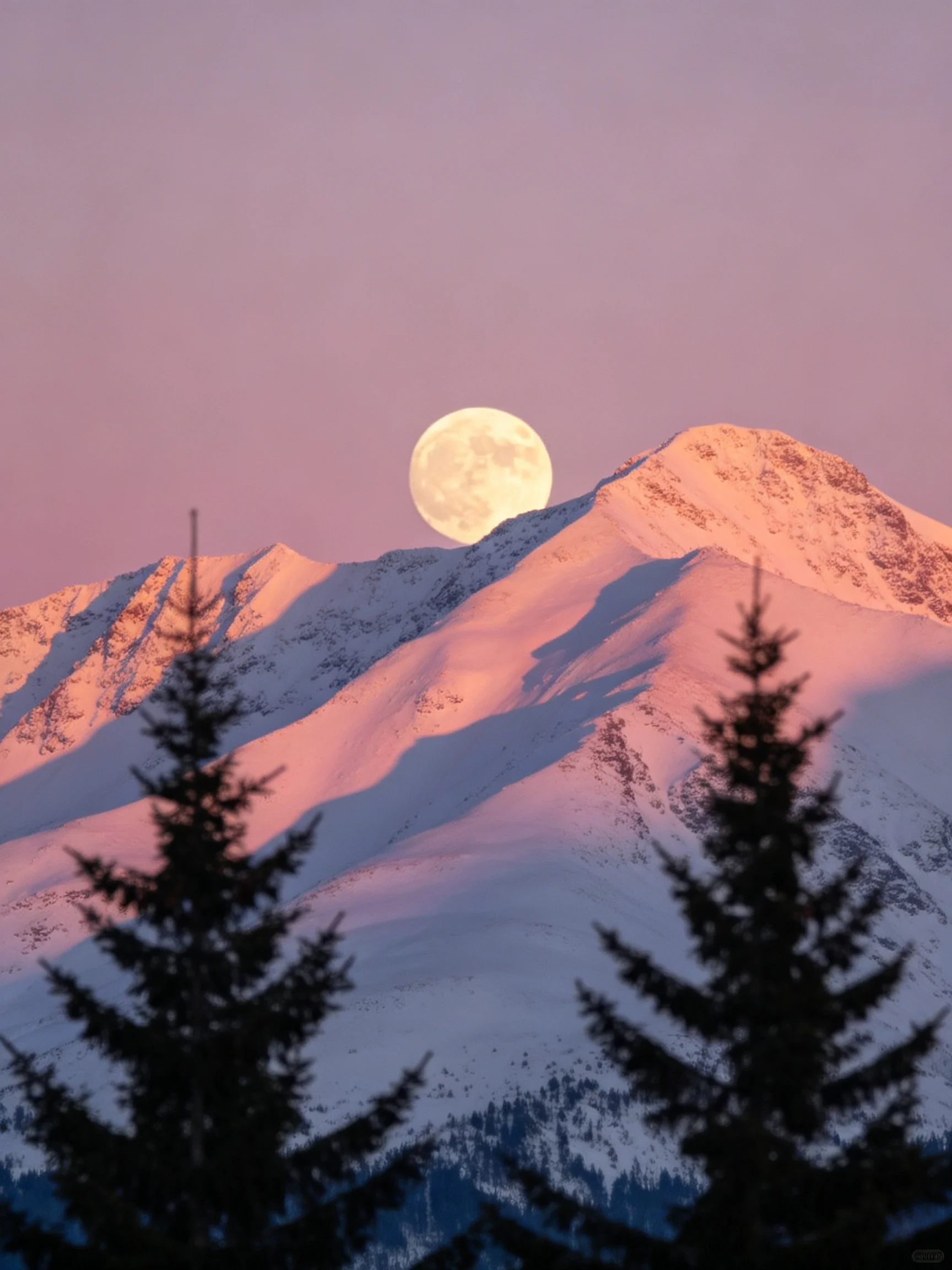 Snow-Capped Mountains Under a Full Moon with Pink Sky