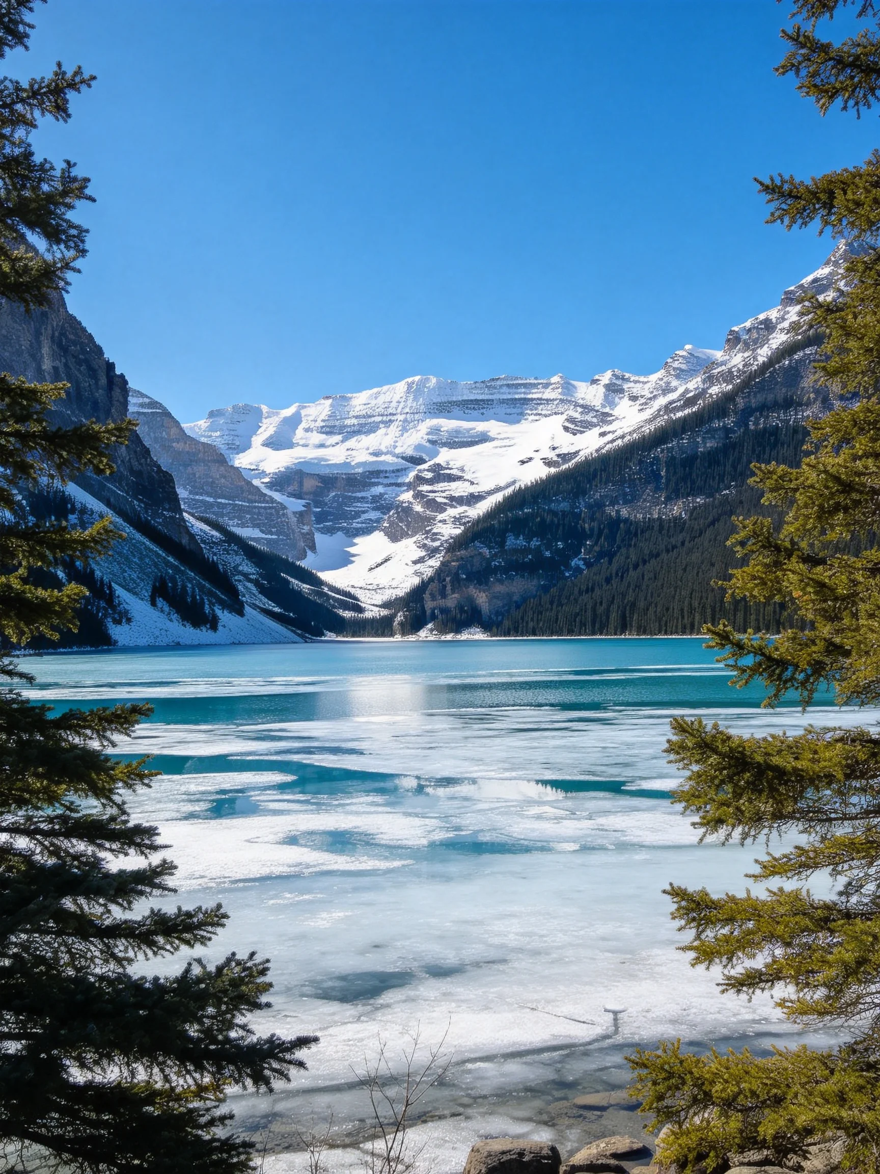 Snow-Capped Peaks Frame a Turquoise Frozen Lake with Pine Trees