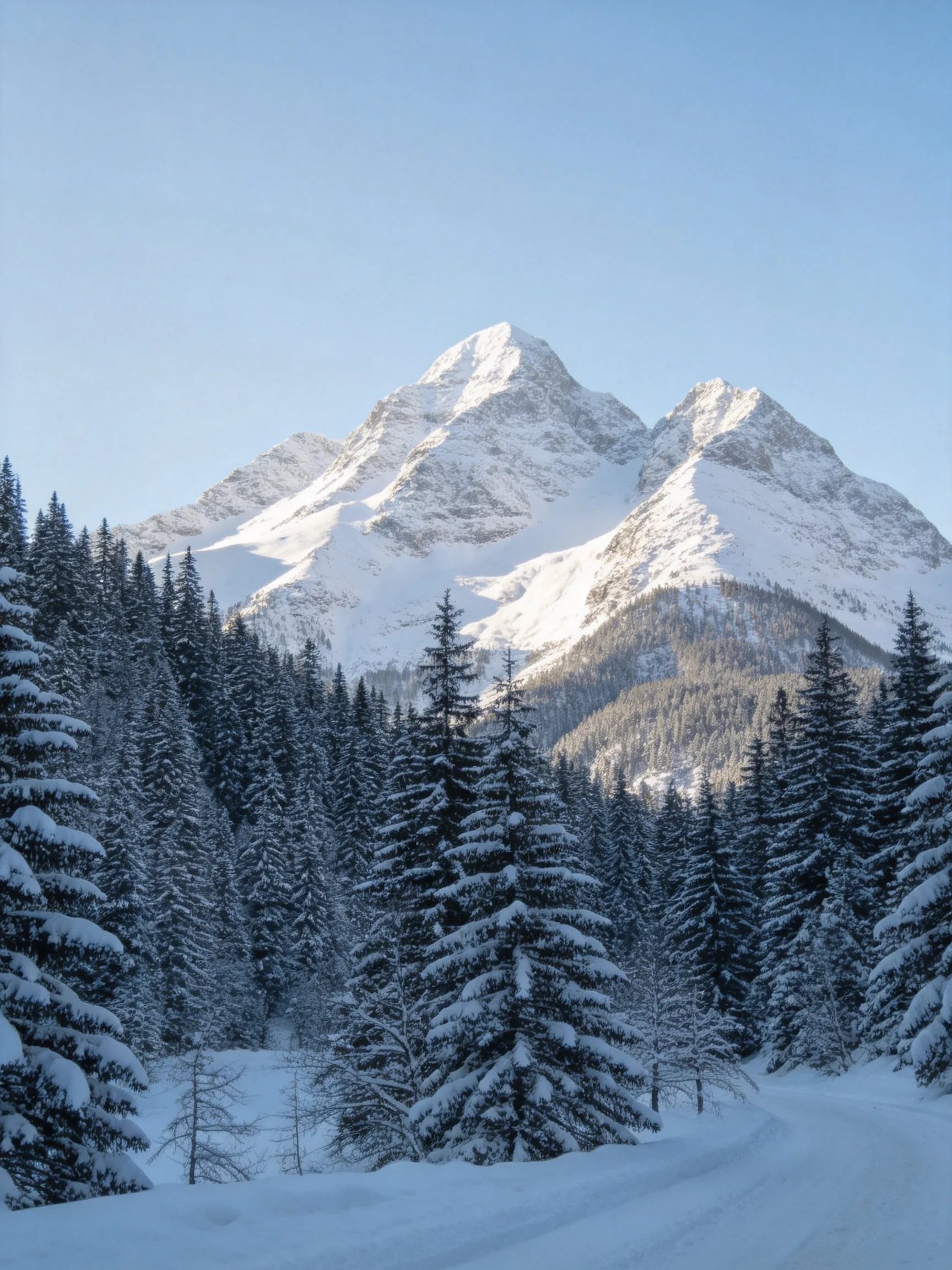 Snow-Capped Peaks Overlook Snowy Pine Forests