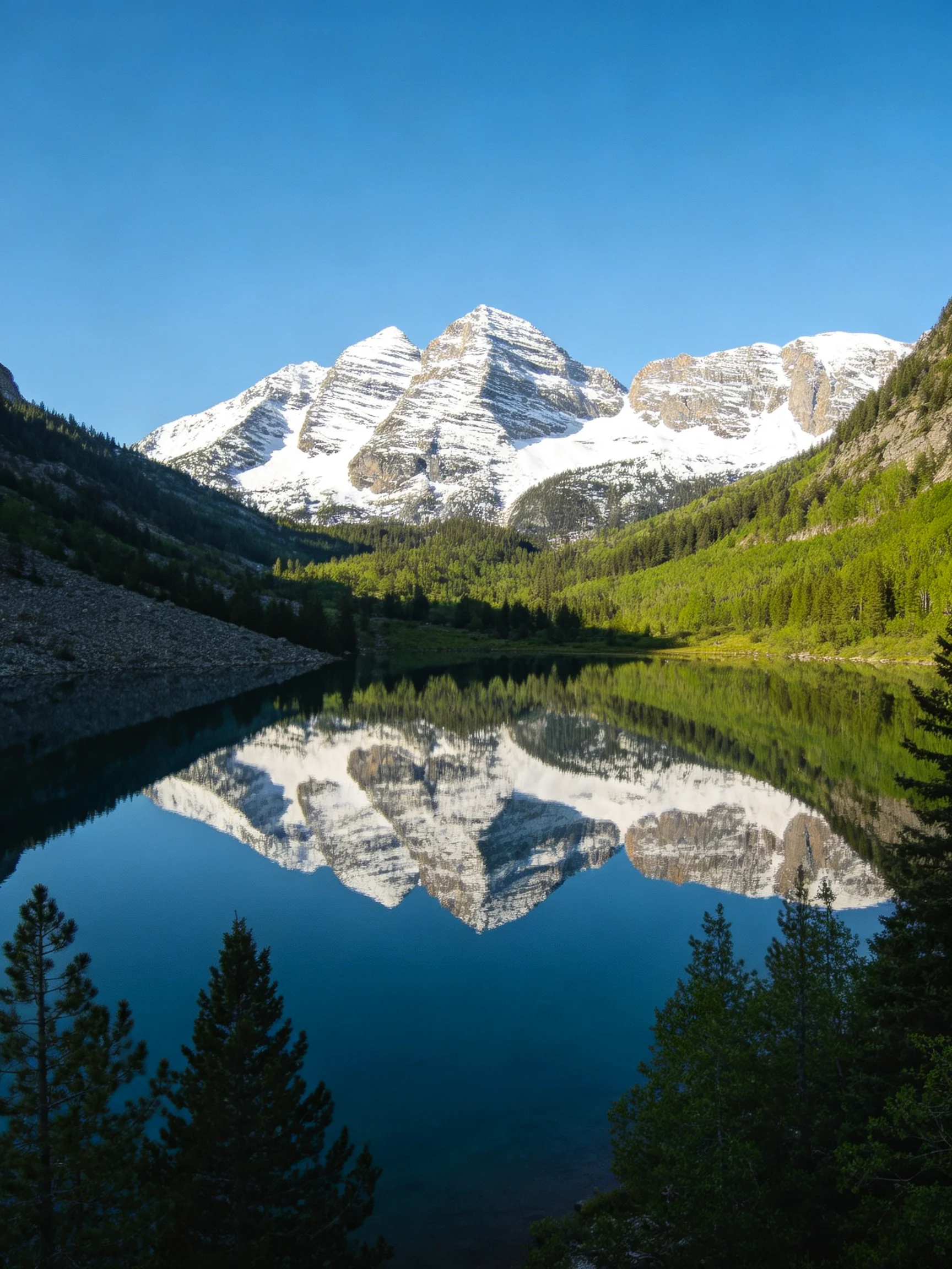 Snow-Capped Peaks Reflect in Crystal Clear Mountain Lake