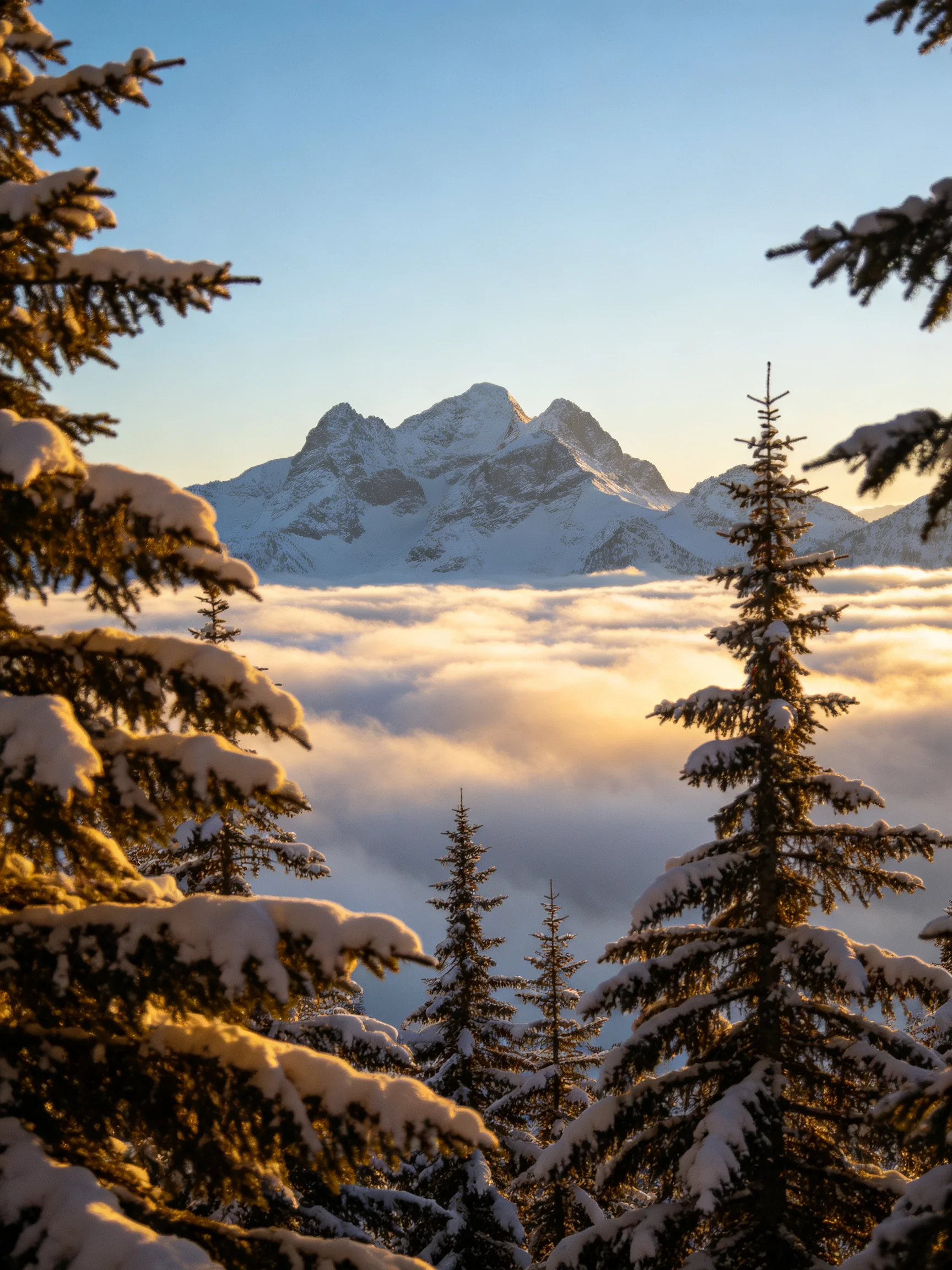 Snow-Capped Peaks Rise Above Cloudy Sea with Snow-Laden Pines