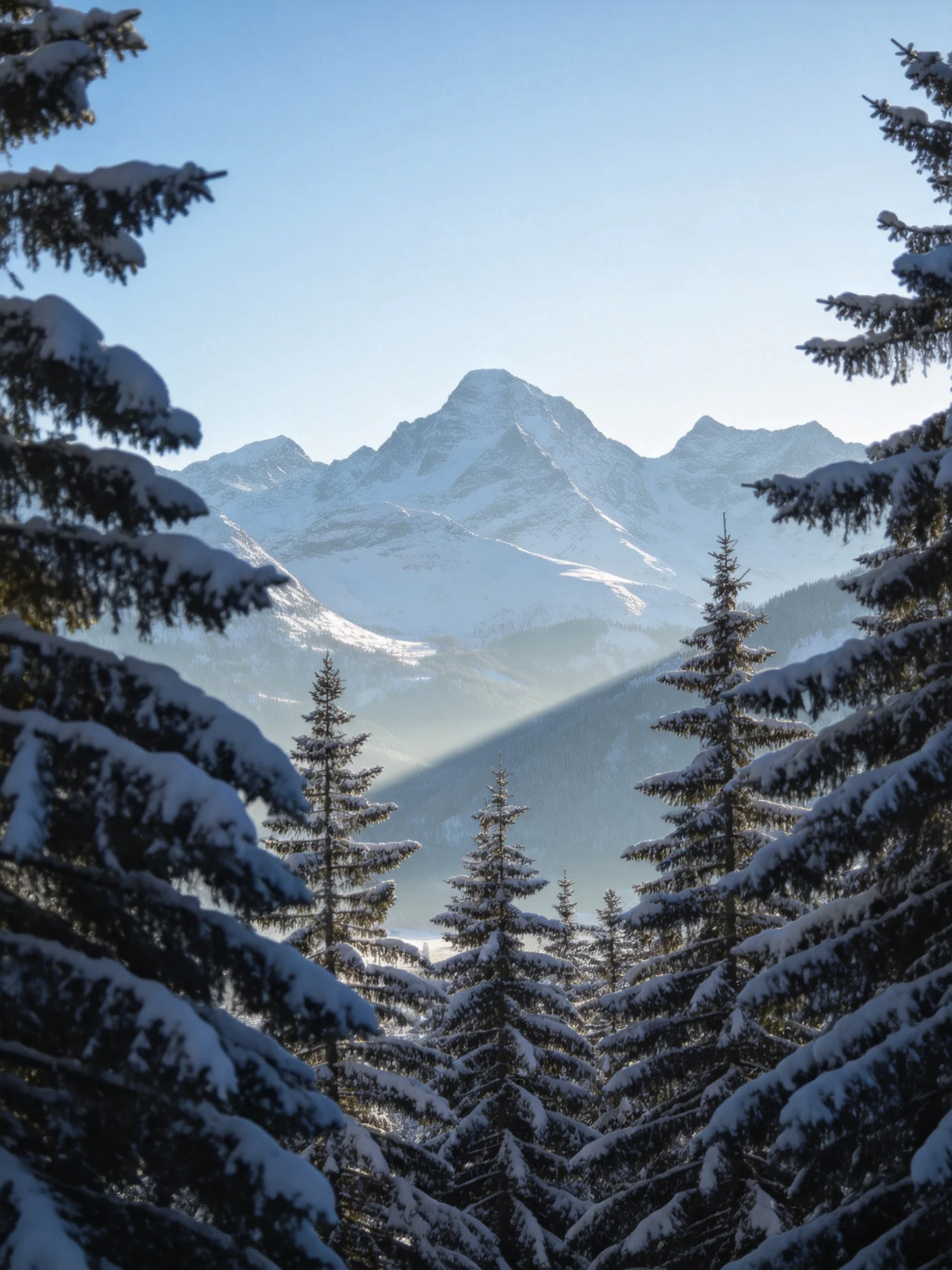 Snow-Capped Peaks Surrounded by Snow-Laden Pine Trees