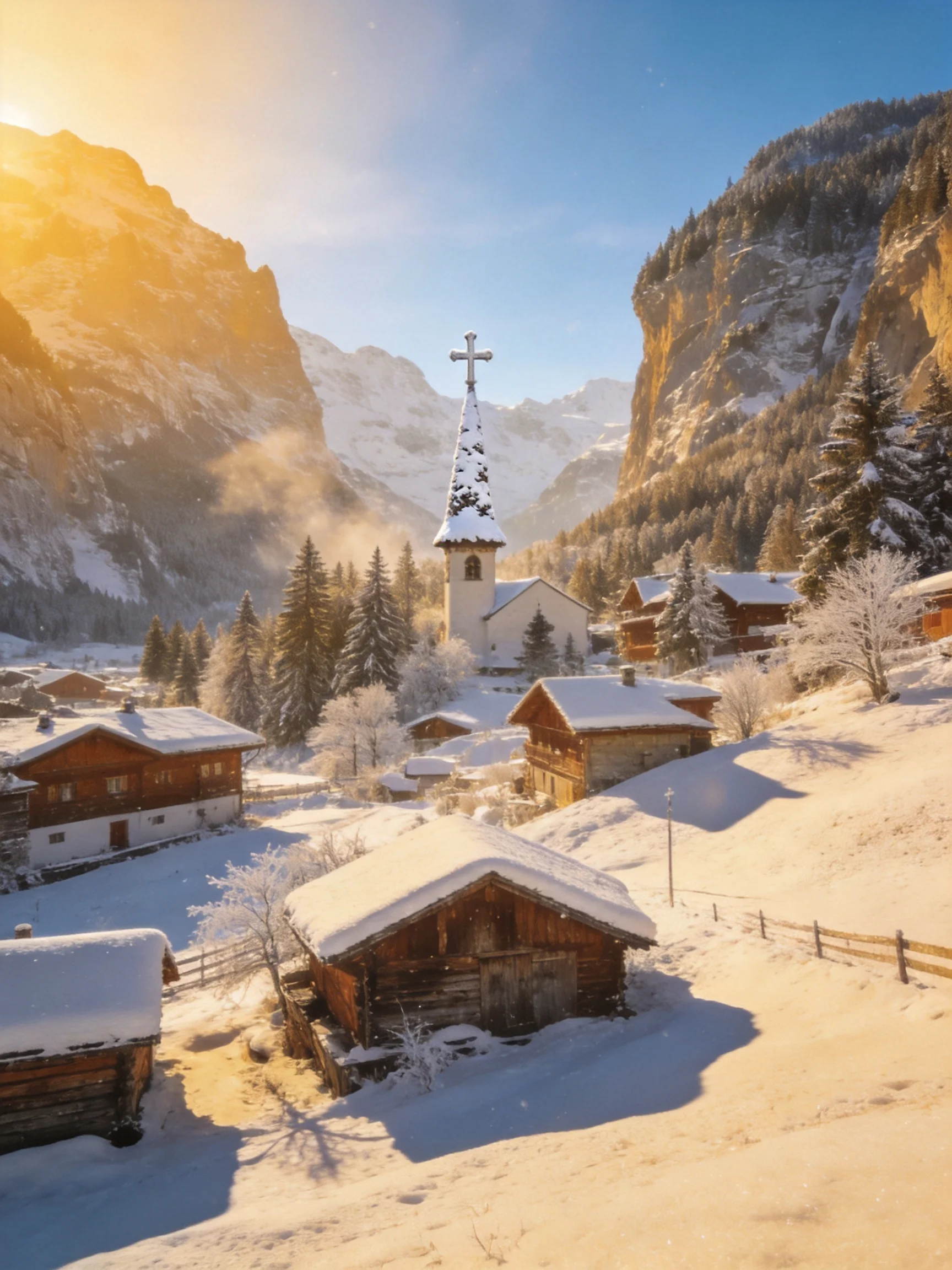 Snow-Covered Alpine Village with Central Church and Mountain Peaks