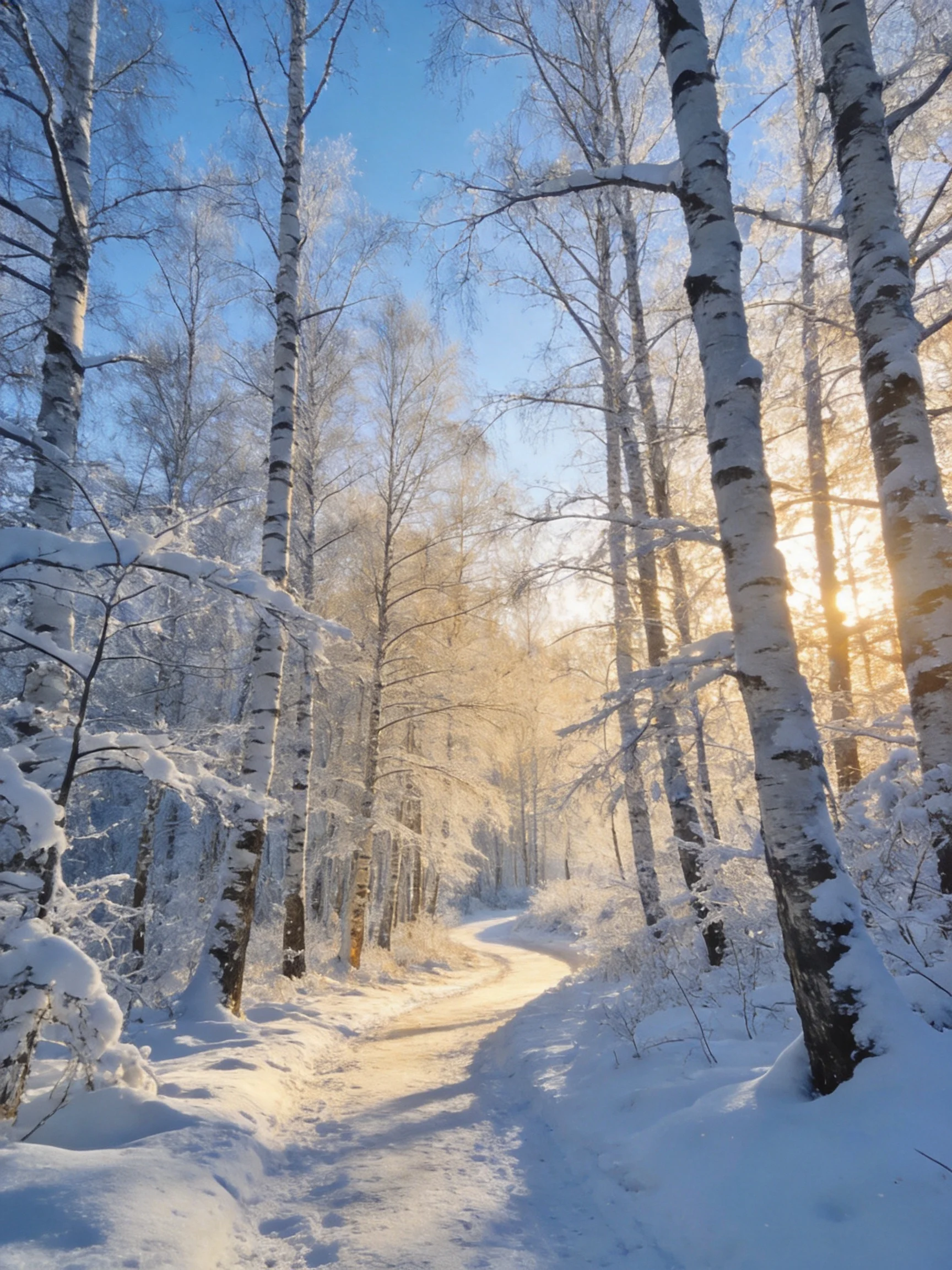 Snow-Covered Birch Grove Along Sunlit Winter Trail