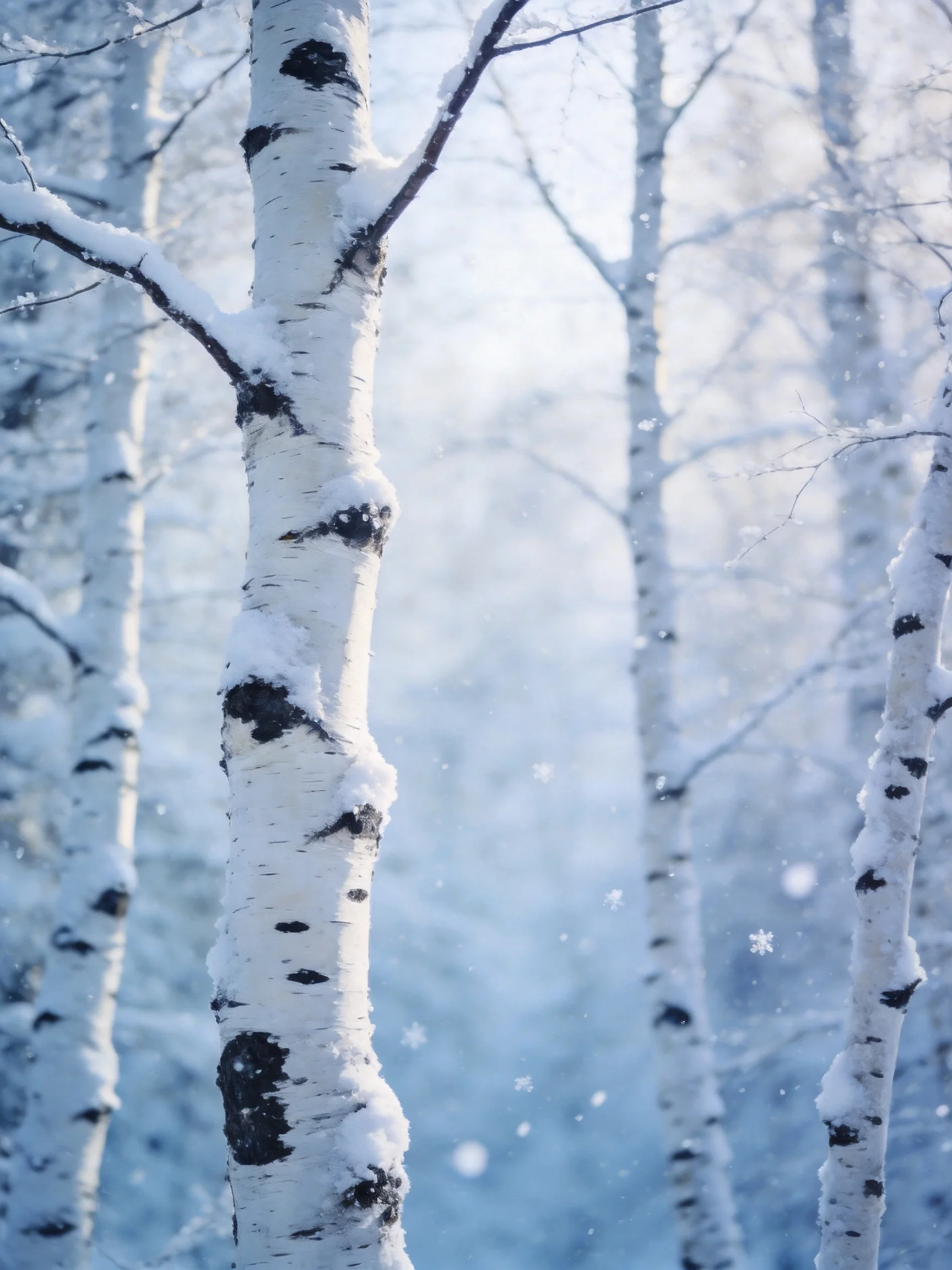 Snow-Covered Birch Trees in a Frosty Winter Forest