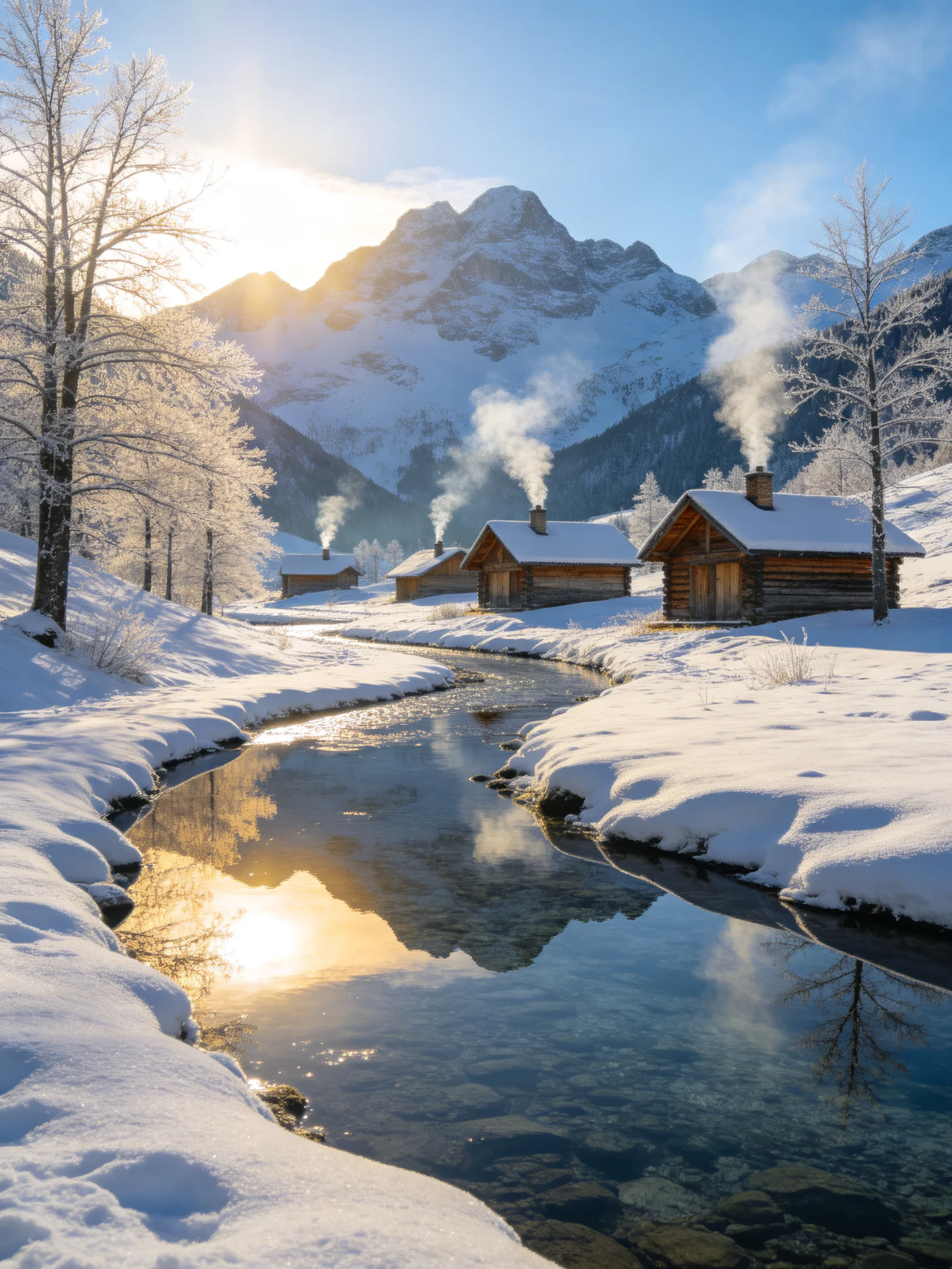 Snow-Covered Cabins Near a Frosty Stream and Mountain Peaks