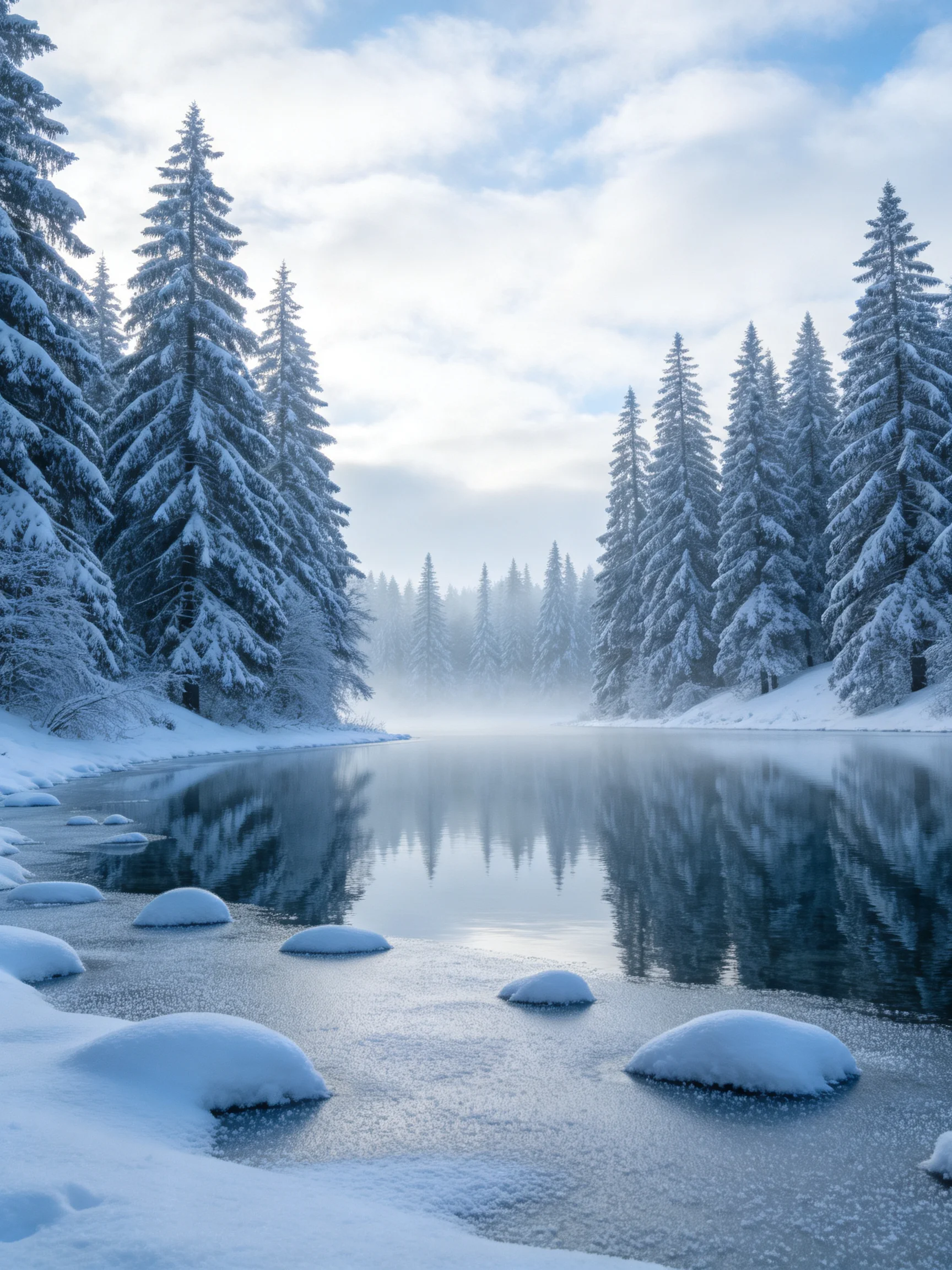 Snow-Covered Coniferous Forest with Frozen Lake and Mist