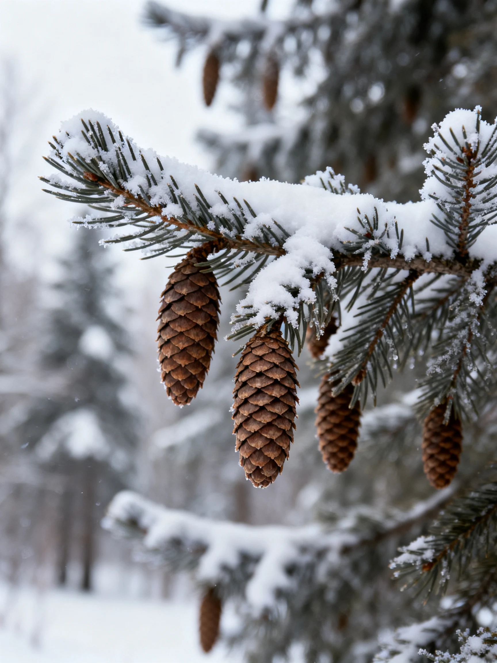 Snow-Covered Evergreen Branch with Brown Pinecones and Green Needles