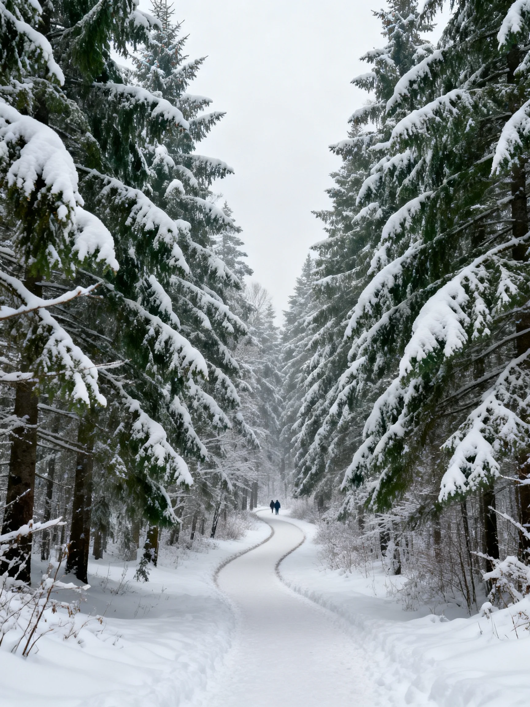 Snow-Covered Evergreen Forest Path with Two Distant Walkers