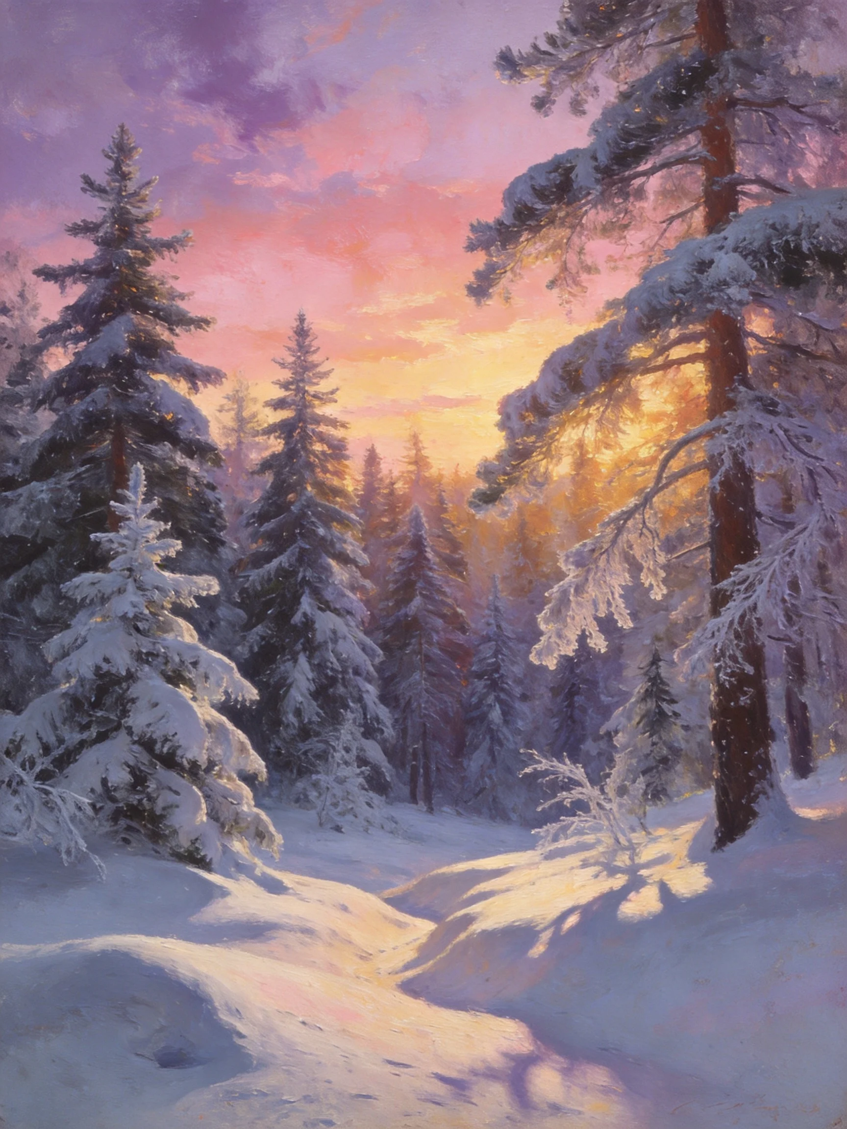 Snow-Covered Evergreen Forest at Dusk