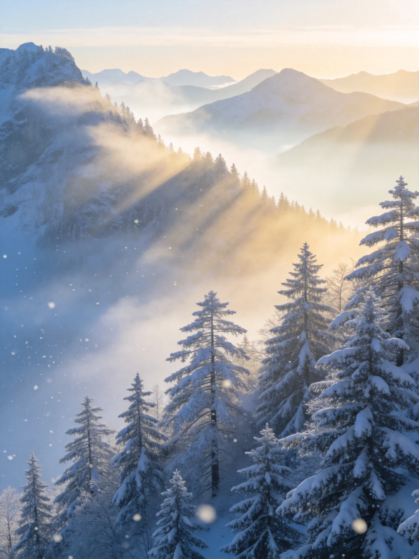 Snow-Covered Evergreen Forest with Golden Mountain Light